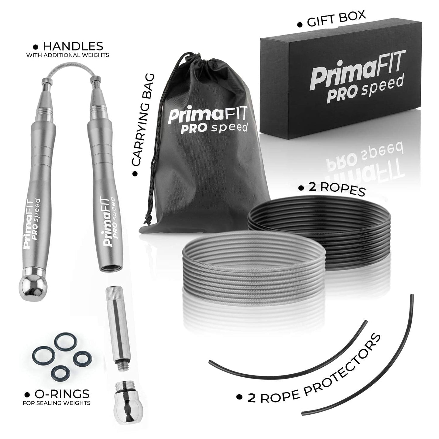 PrimaFIT Jump Rope Pro Speed Skipping Rope Adjustable Adult Jumping Rope Weighted Aluminium Handles for Double Dutch Boxing Workout Crossfit Exercise Fitness Spare Cable Weights Protectors Carry Bag