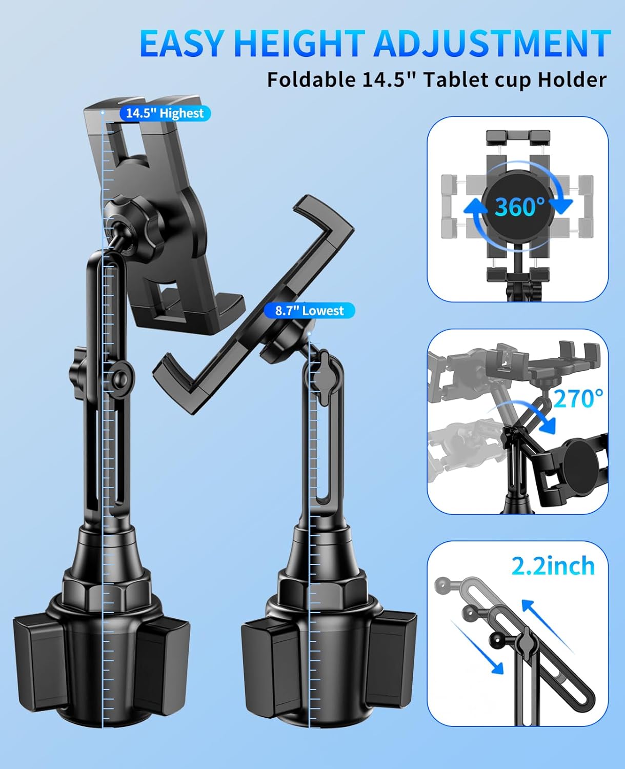 YYDBS 4.7-13 Tablet Holder for Car, Car Cup iPad Holder Mount, [Upgraded Version] Universal Cup Cradle, Long Adjustable