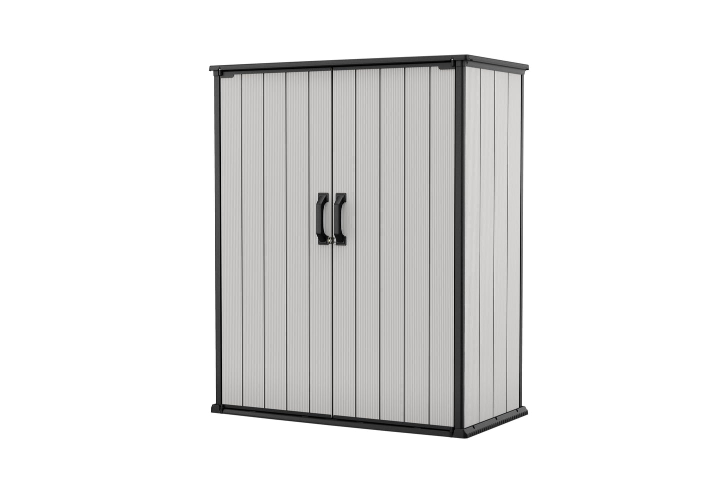 Keter Premier Tall 4.6x5.6 ft Resin Outdoor Storage Shed, Backyard Garden Shed with Shelving Brackets for Tools, Patio Furniture, Pool & Bike Storage, Grey & Black, 62 cu. ft Capacity