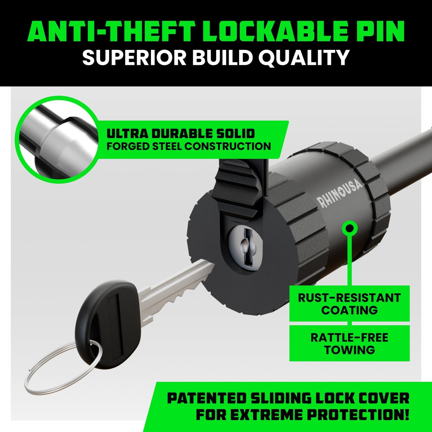 Rhino USA 2” Trailer Hitch Pin – Patented 5/8" Locking Receiver Pin for Class III/IV Hitches – Weatherproof, Anti-Theft, Debris-Protected – Tow Truck Ready – Black 1PK