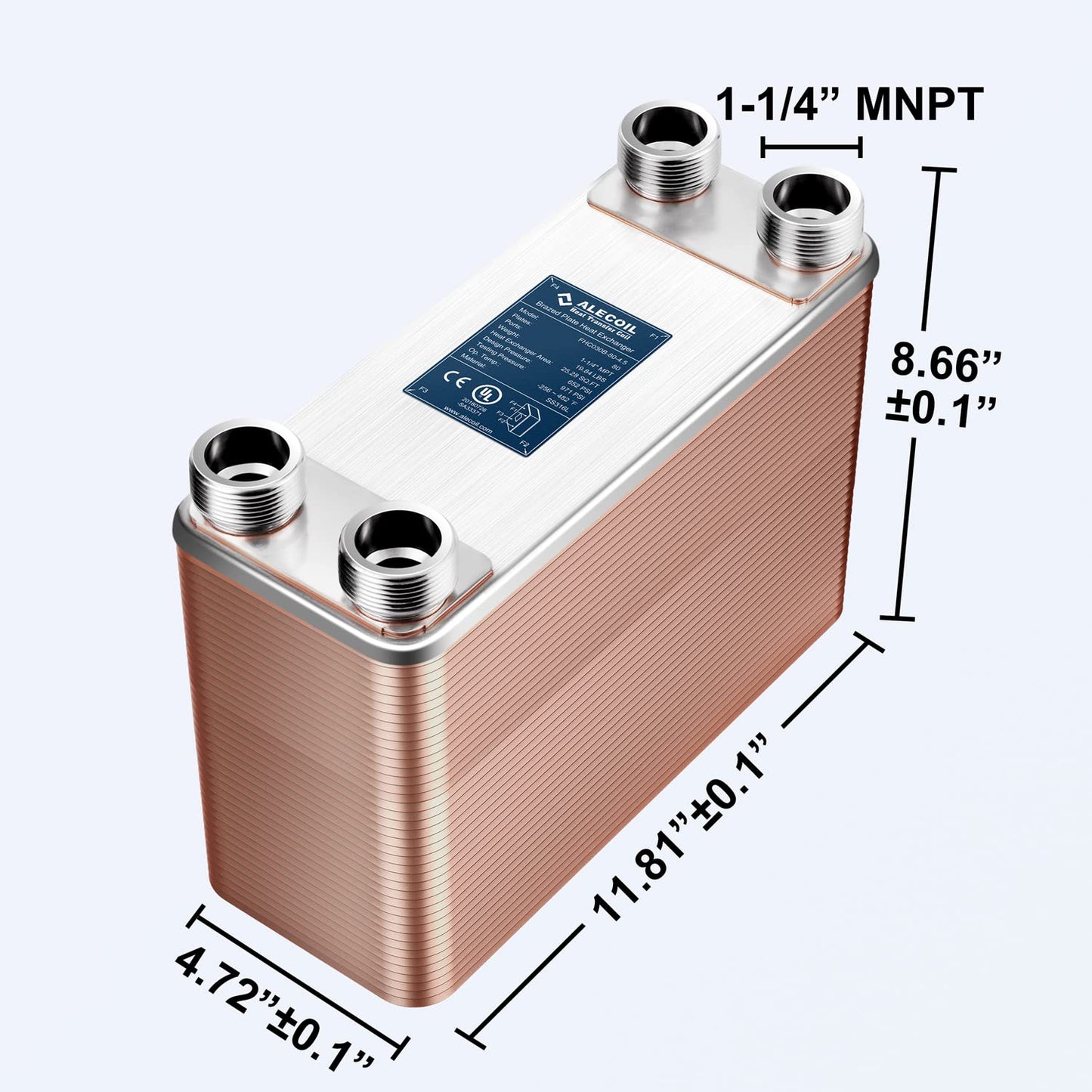 ALECOIL 5"x12" 80 Plates Heat Exchanger with 1-1/4" MPT Port Water to Water 316L Stainless Steel Brazed Plate Heat Exchanger for Water Heating, Floor Heating, Commercial and Industrial Refrigeration