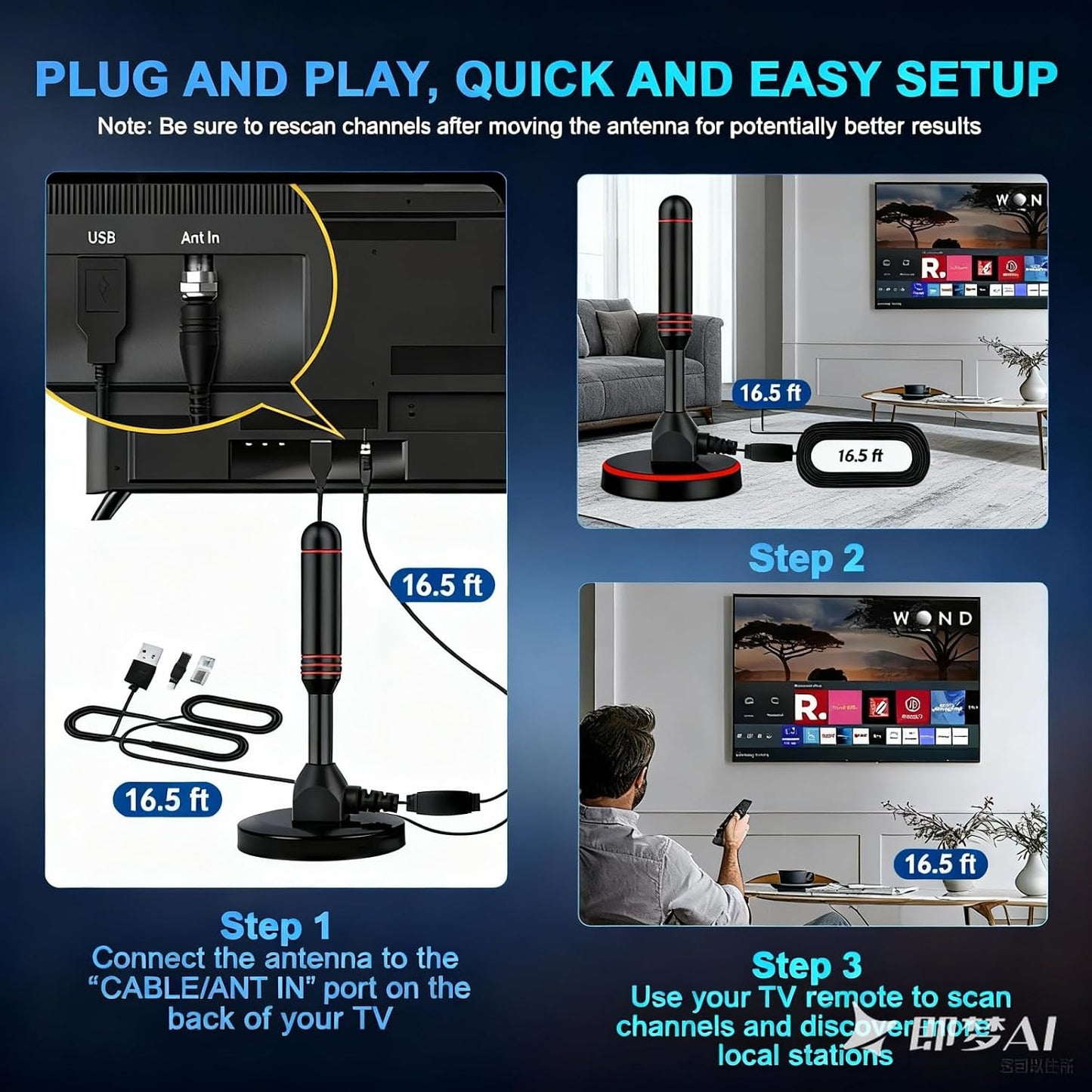 BAOZMINAN 4K 1080p,Easy Installation,16.5ft Cable,2 TV Antenna Smart TV Indoor,Long Range Reception for Local Channels