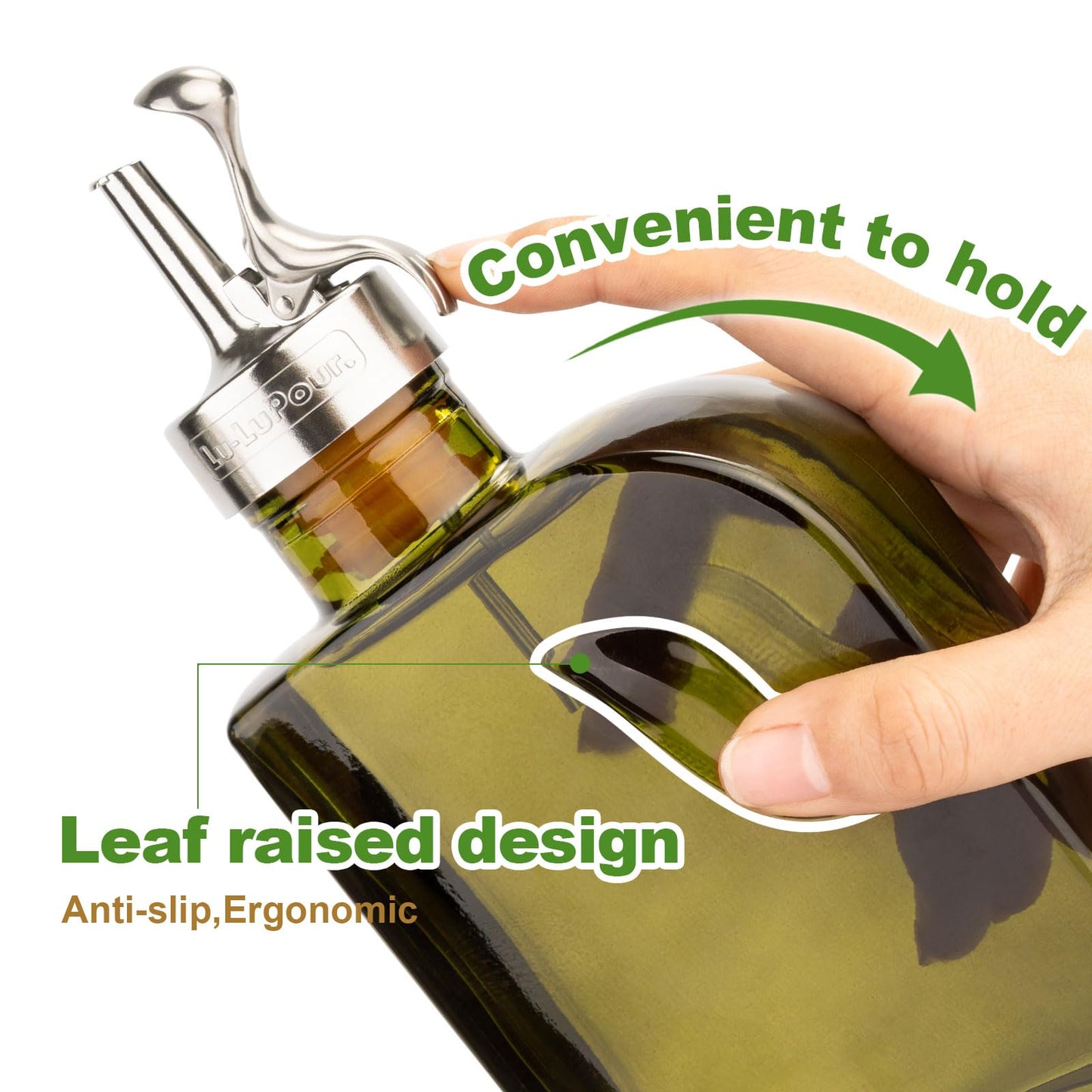 Lu-lupour Olive Green 12oz Glass Olive Oil Bottle Dispenser - 350ml Oil and Vinegar with Pourers and Funnel - Oil Dispenser Bottle for Kitchen