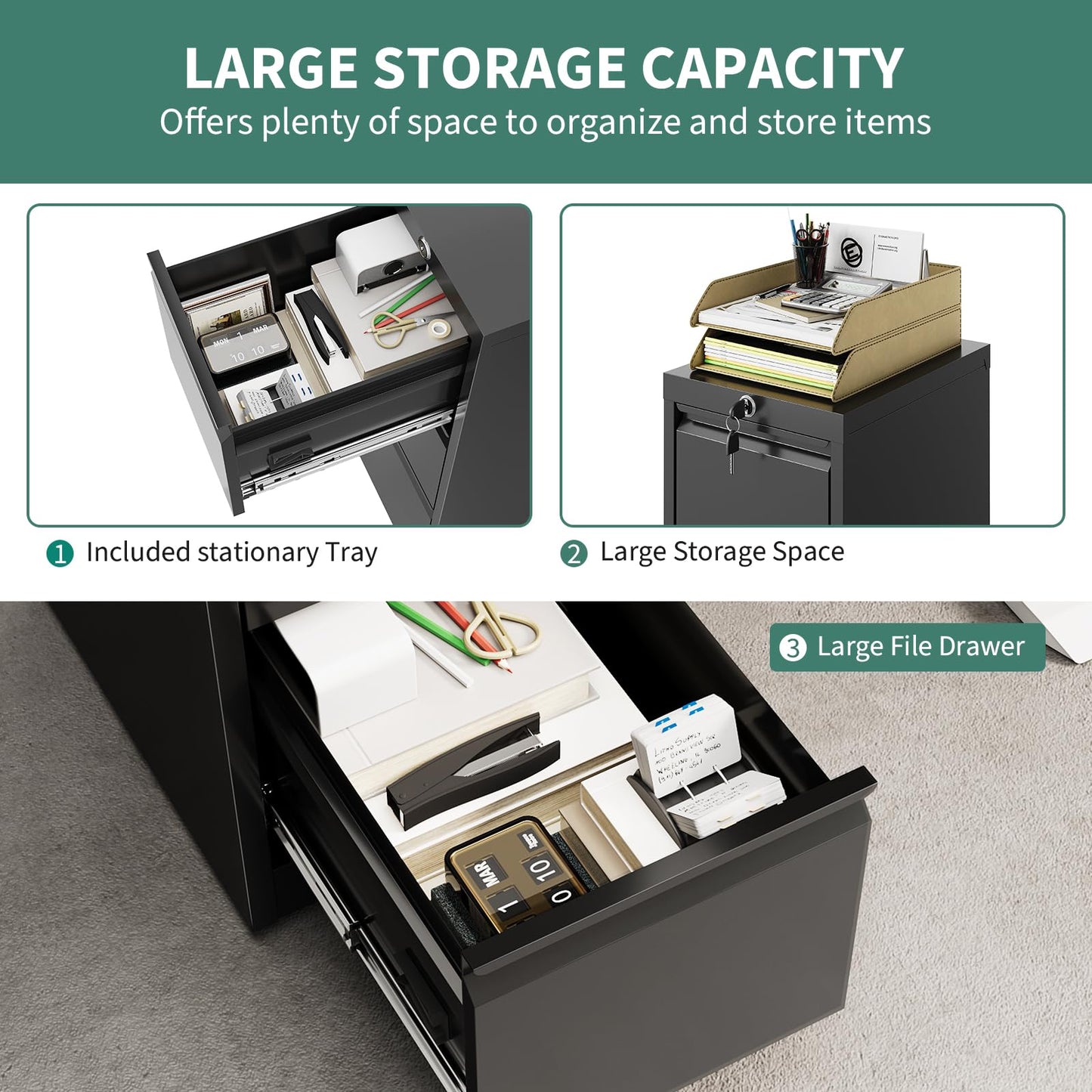 4 Drawer Vertical File Cabinet, Cold-Rolled Steel Locking Filing Cabinet with Anti-Tilt System, 330 Lbs Weight Capacity, Powder Coated Black, for Letter/Legal/A4/F4 Files, Home Office Commercial Use