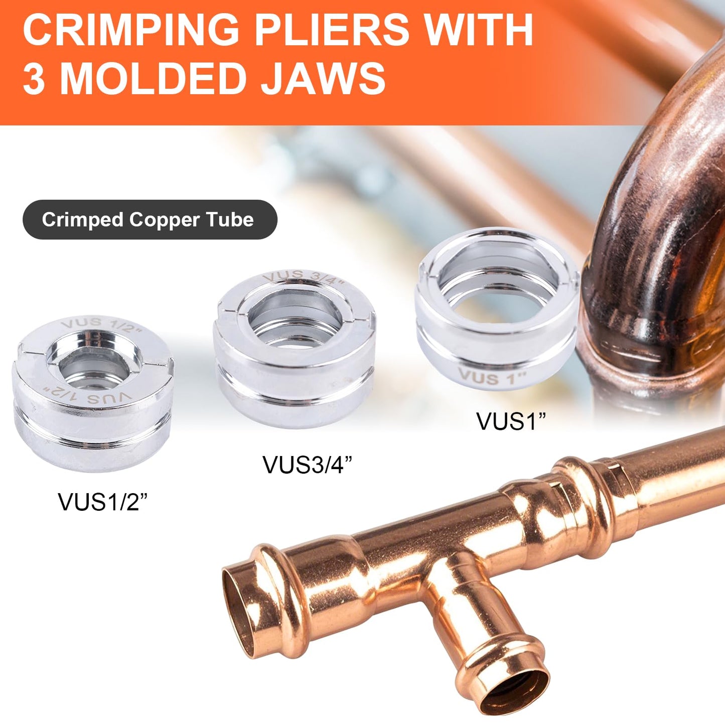 HZLZRZ ProPress Tool Copper Tube Fittings Hydraulic Copper Pipe Crimping Tool with 1/2,3/4 and 1 inch Jaws and Stainless Steel Pipe Cutter and Deburring Tool,Suit for Narrow Space and Tee Fittings