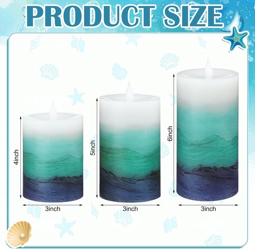 Baquler Flameless LED Ocean Gradient Pillar Candles - 3 Pcs Blue Teal Coastal Decor for Weddings & Parties