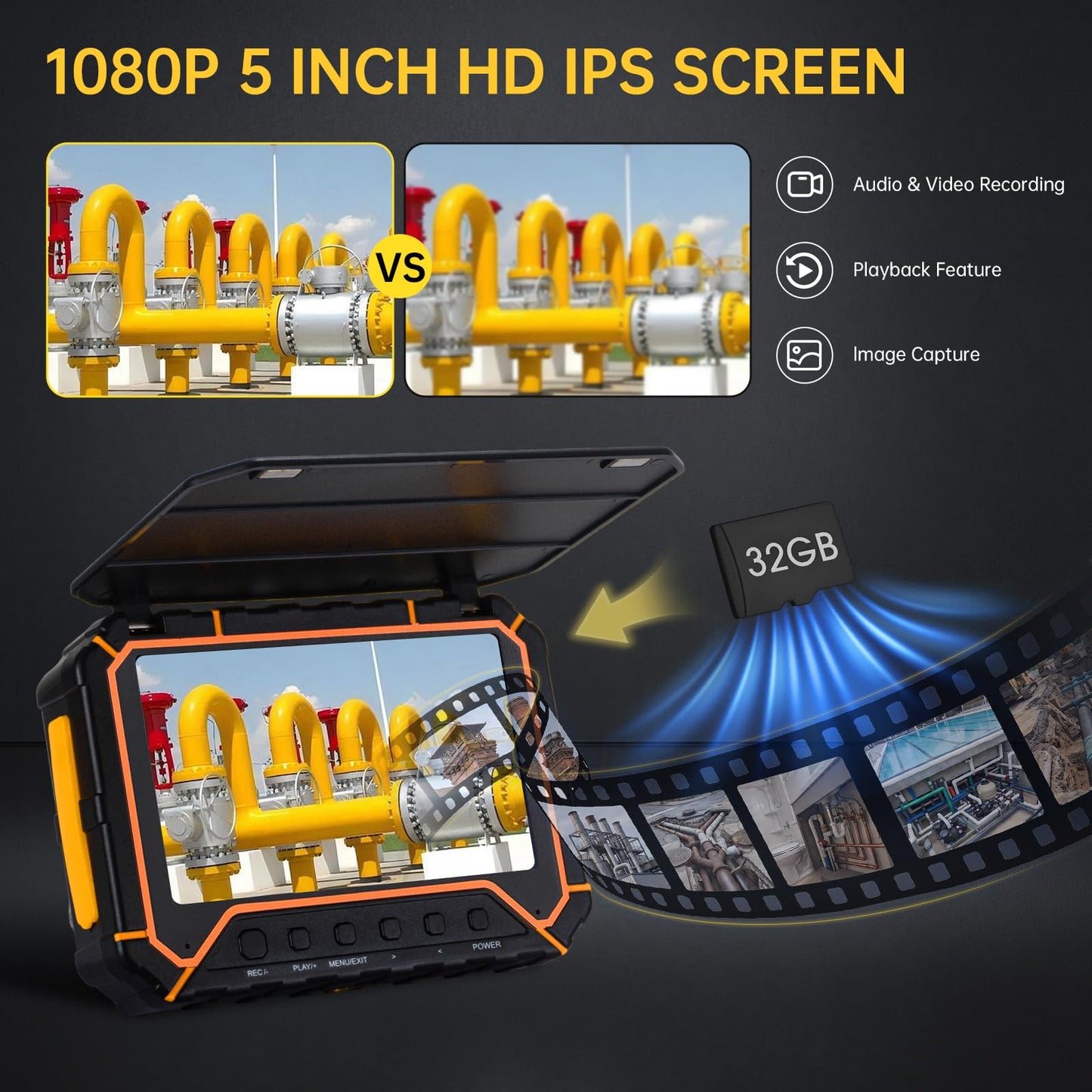 Sewer Camera with Locator 512hz,Drain Camera 100ft, 5" HD with DVR Function & 32GB, Industrial Endoscope for Home Wall Duct Drain Pipe Plumbing（100ft/30M）