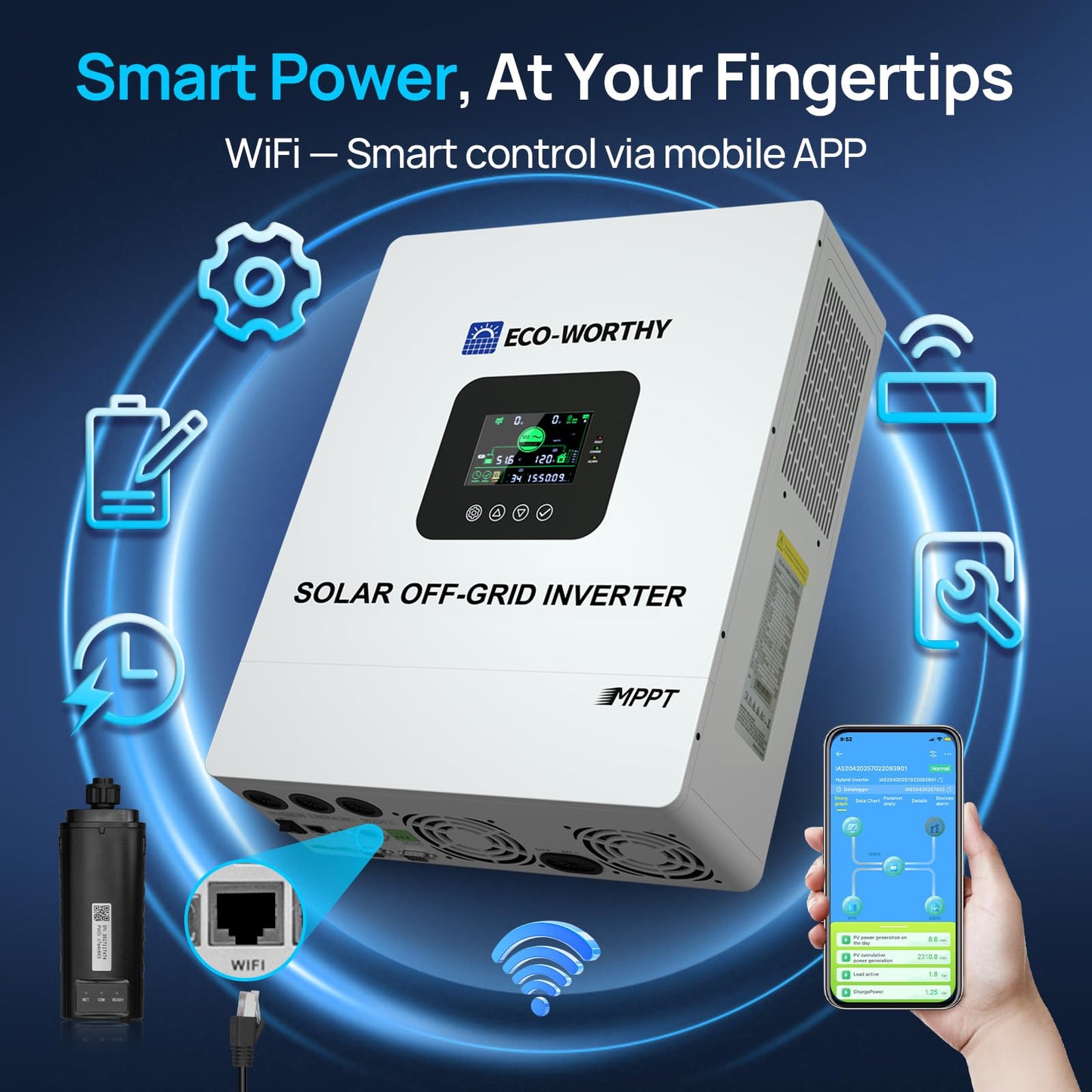 ECO-WORTHY Home Power Station Backup Power,5120Wh LiFePO4 Battery Support Communication,Bluetooth and WiFi,AC 5000W Inverter,1Hr/2.5Hr Fast Charge,for Home Backup,Emergency,Solar System Components
