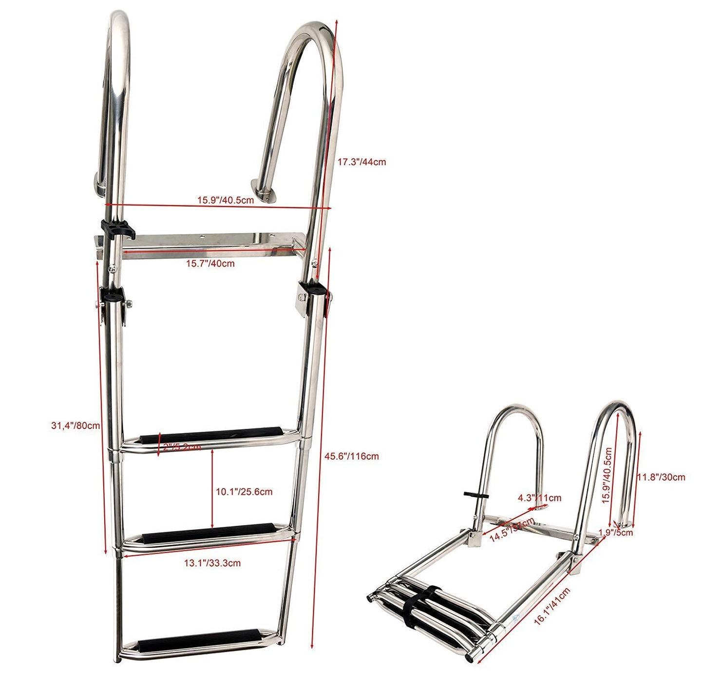 Amarine Made Boat Ladder, 3 Step Premium Stainless Folding Rear Entry Pontoon Boat Ladder w/Extra Wide Step