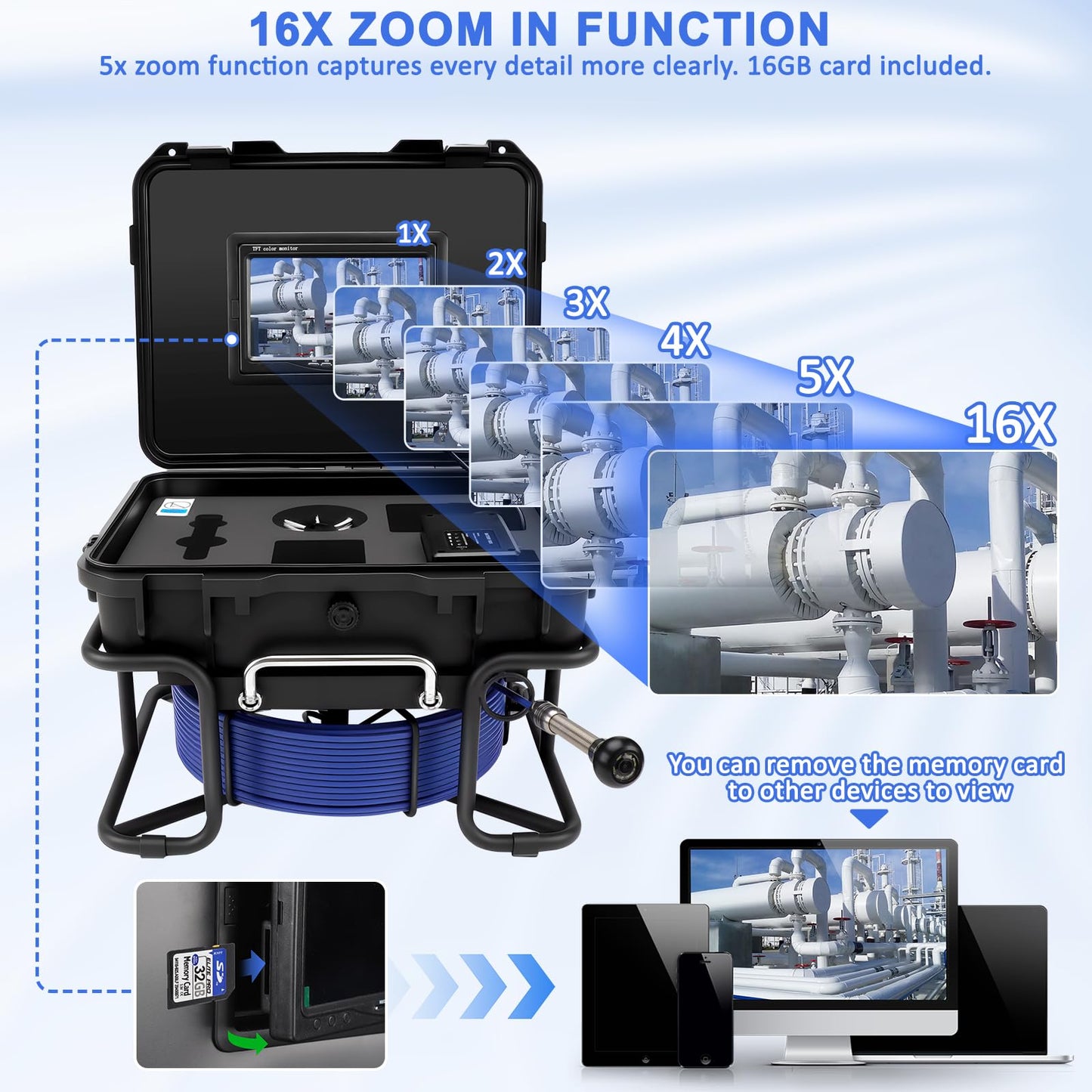 Sewer Camera,Pipe Drain Inspection Camera with DVR, Plumbing Snake Camera with Light, 7'' HD 1080P IPS Screen,16X Digital Zoom,32GB Card,100FT/30M,IP68 Waterproof Borescope for Industrial Plumber