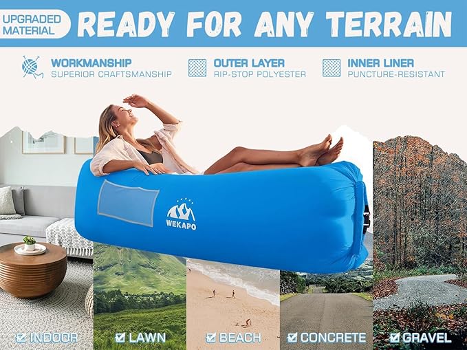 WEKAPO Inflatable Couch with Pump - Easiest Setup, Crazy Comfy & Ultralight - Blow up Lounger Chair Perfect for Hiking, Camping, Beach, Festivals - Lightweight Air Sofa for Relaxing Anywhere