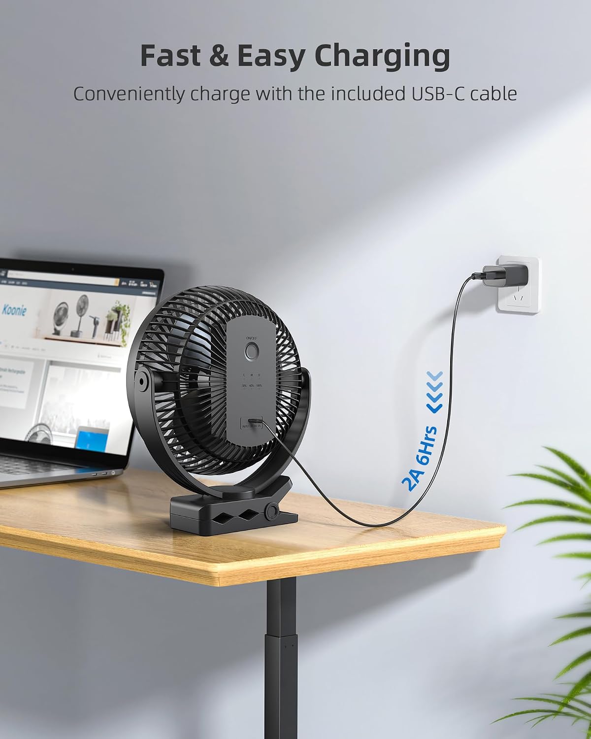 10000mAh 8-Inch 4 Koonie Clip on Fan Rechargeable, Battery Operated Desk Fan, USB Fan, Speeds, Strong Airflow, Sturdy