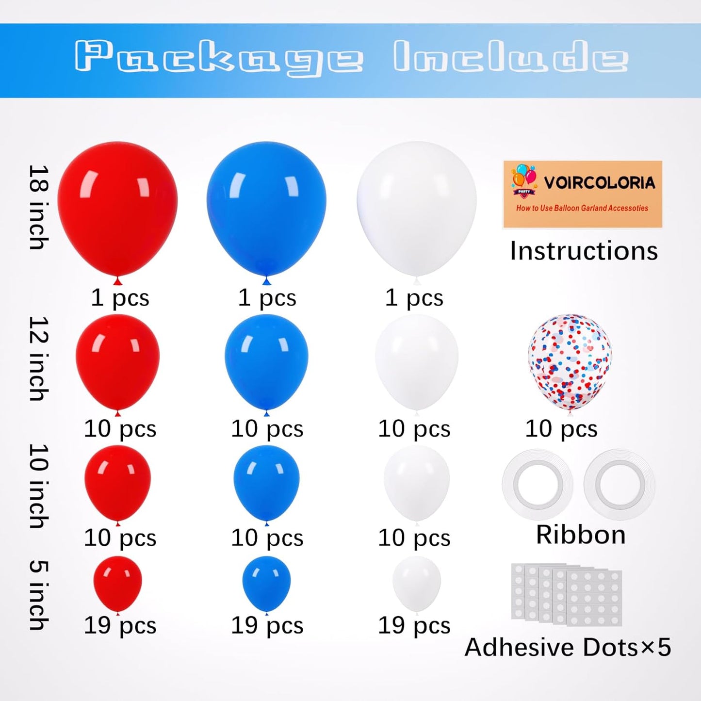 Voircoloria 130-Piece Red, White & Blue Latex Balloon Set - Perfect for Birthday, Graduation & 4th of July Celebrations