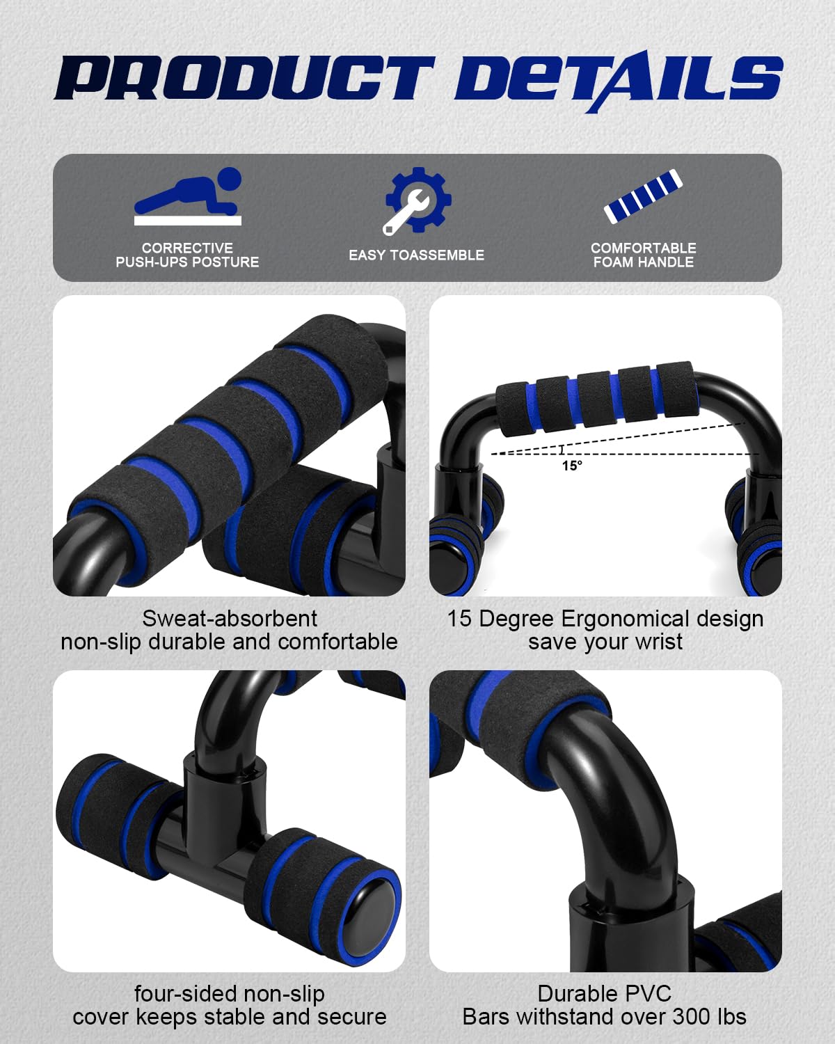 Citufuol Ergonomic Push Up Bars (2 Pack) - Portable Push Up Handles for Men & Women, Ideal for Home, Gym, or Floor Workouts – Deep Muscle and Strength Training – Blue