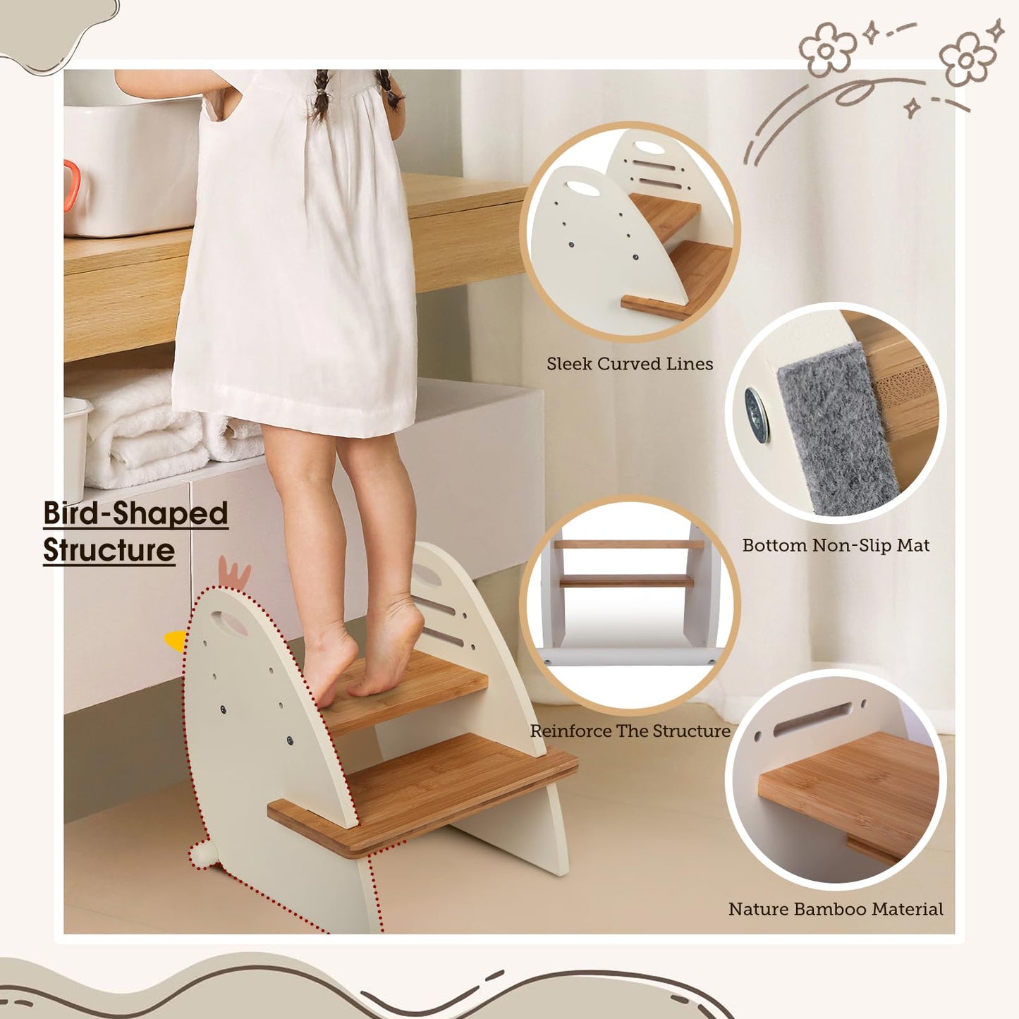 TIKSPCAE Wooden 2 Step Stool for Kids,Toddler Adjustable Triple Height Step Stool,Bamboo Bird-Shaped Design,300lbs Capacity,Ideal for Bathroom,Kitchen,Bedroom