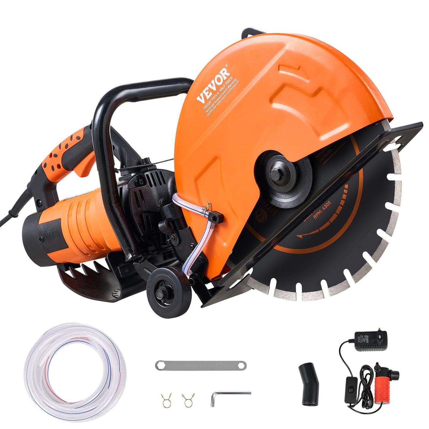VEVOR Electric Concrete Saw, 14 in, 2600 W Motor Circular Saw Cutter with Max. 6 in Adjustable Cutting Depth, Wet Disk Cutter Includes Water Line, Pump and Blade, for Stone, Brick