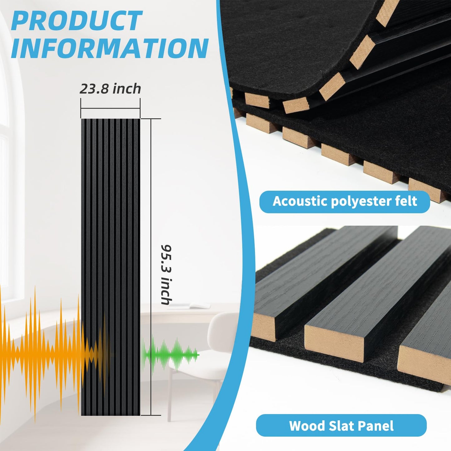 Art3d 1-Pack Acoustic Wood Slat Wall Panel with Roll-Flat Design - 95.3 x 23.8 Inch Sound Absorbing Panels for Living Room Columns Corridor Curved Wall Decor, Blackwood