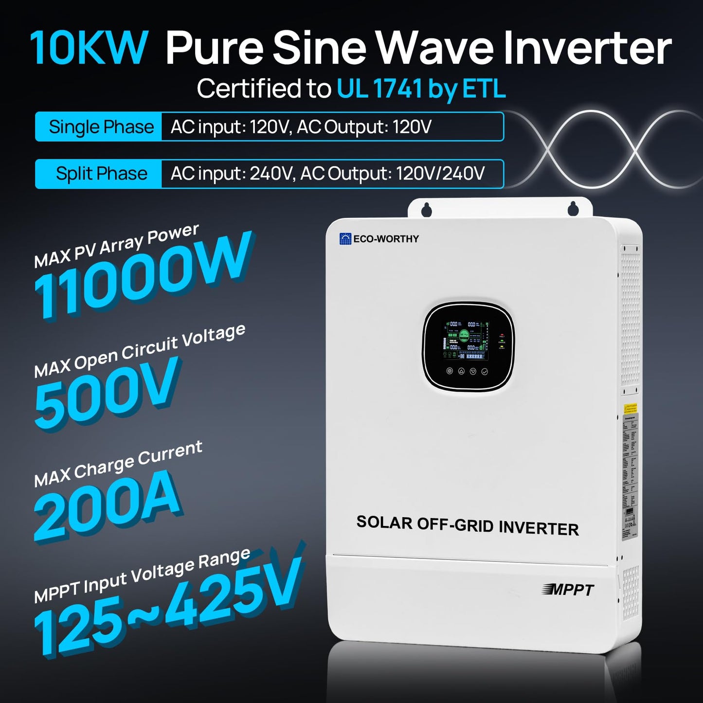 ECO-WORTHY 10000W DC 48V UL1741 Solar Inverter with WiFi,AC Output 120V/240V,Support Parallel,Built-in 2 MPPT Solar Controllers,Max 200A Battery Charging,Parallel Up to 6 Units 48V Inverter Charger