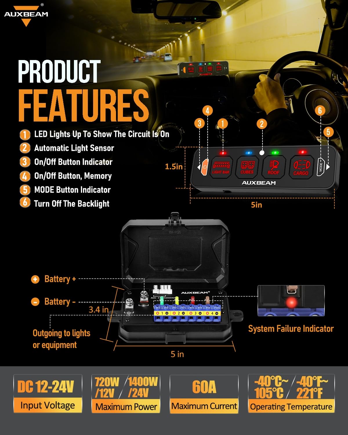 Auxbeam 4 Gang Slim Switch Panel RGB AS-R40 Automatic Dimmable Switch Panel with Toggle Momentary Pulsed Off Backlight Unique Patented Design Control Panel for Truck Offroad Boat, 3-Year Warranty