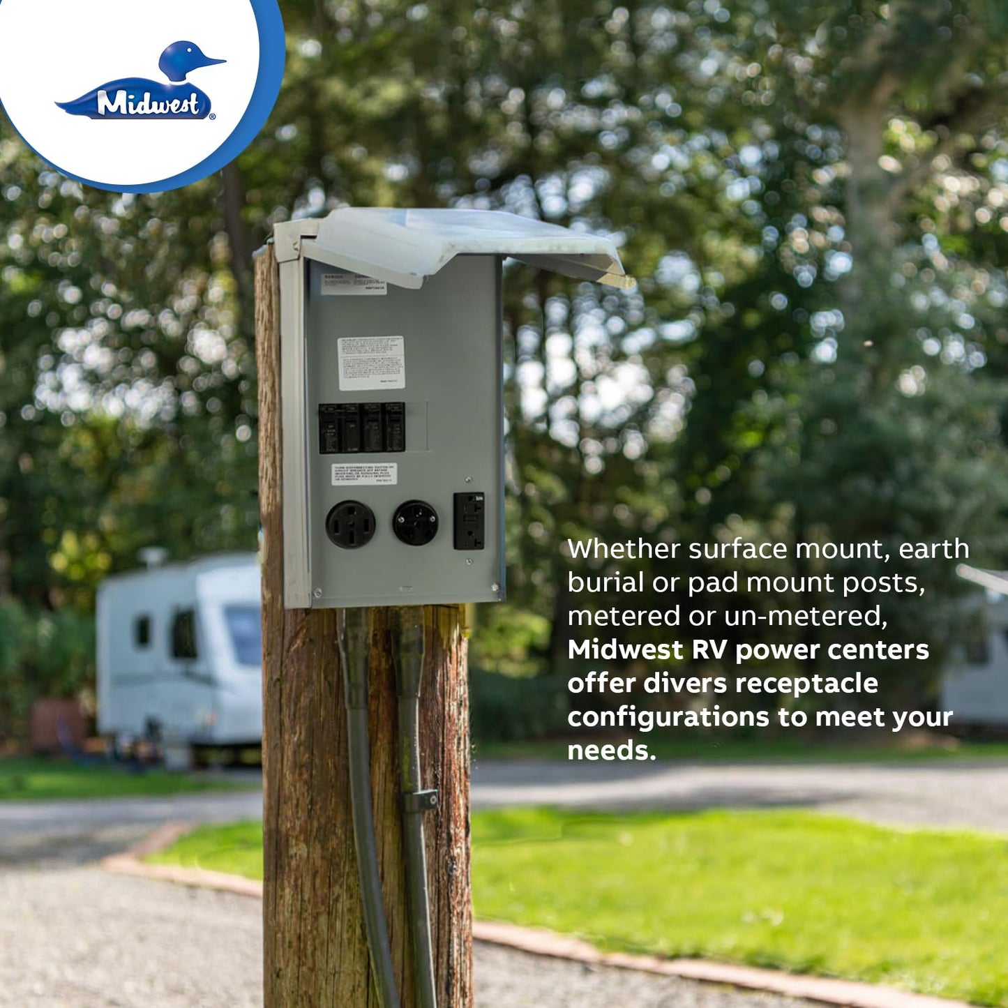 MIDWEST U075CTL010 • Weatherproof RV Power Centre • 100A Twin Lugs • Unmetered N3R Power Supply • Surface Mounted • 10kAIC • 50A/30A/20A breakers with 14-50RWR • TT-30RWR • 5-20R2GFCIWR Receptacles