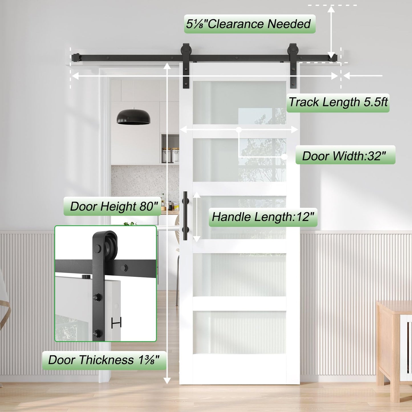 Fredbeck 32x80 White Glass Barn Door with 5.5FT 66inch Sliding Doors Hardware Kit Included & Handle,PVC Surface,Water-Proof,Easy to Assembly