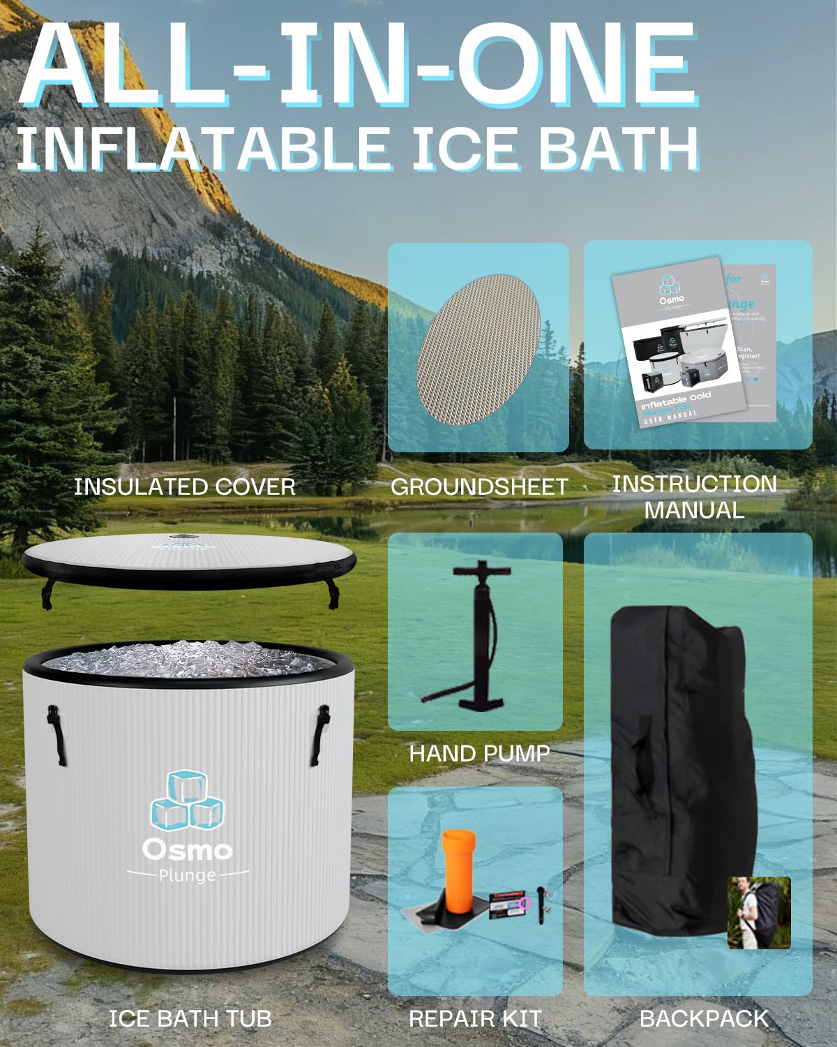 Inflatable Ice Bath Tub for Athletes Compatible with Water Chiller Cold Plunge Tub for Recovery with Insulated Lid, Groundsheet and Backpack, Drop Stitch Construction, 115 Gallon, Grey