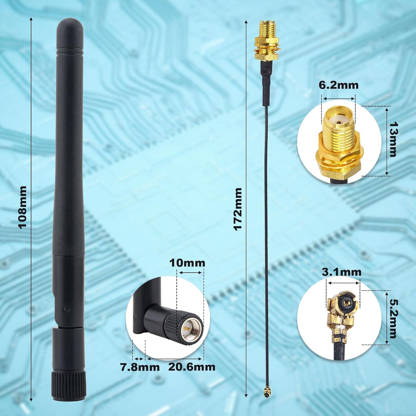 Kaunosta 433 MHF1 4-Pack, 2433MHz 3dBi 215cm MHF1 CCU3 CCU2 CC1101, MHz SMA Male Antenna Kit Radio Antenna Short