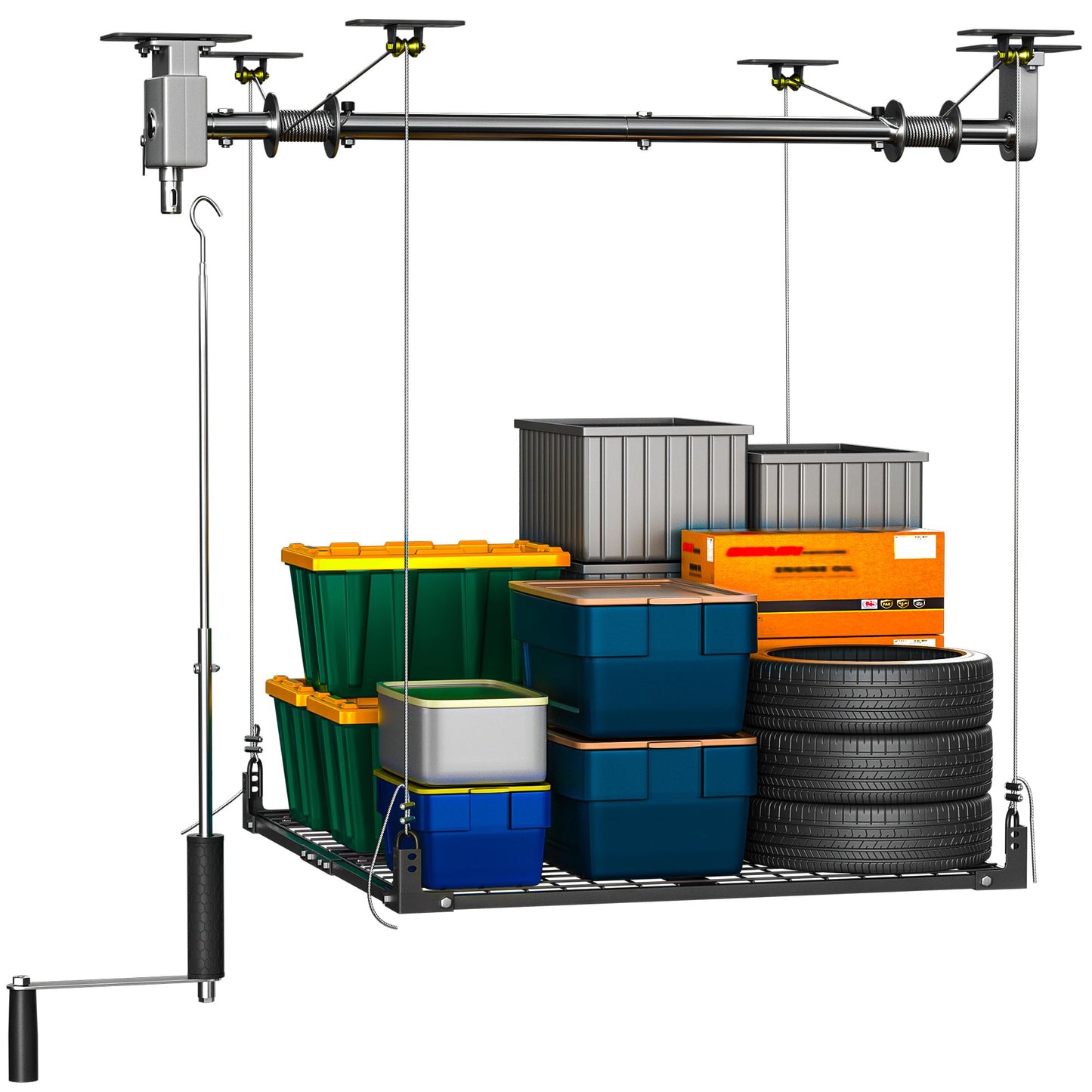 Soywey Garage Ceiling Storage Racks,4x4 FT Garage Storage Lift with Secure Lock,Heavyweight Overhead Rack for Easy Up Down,Industrial Elevator System Holds 400 Lbs