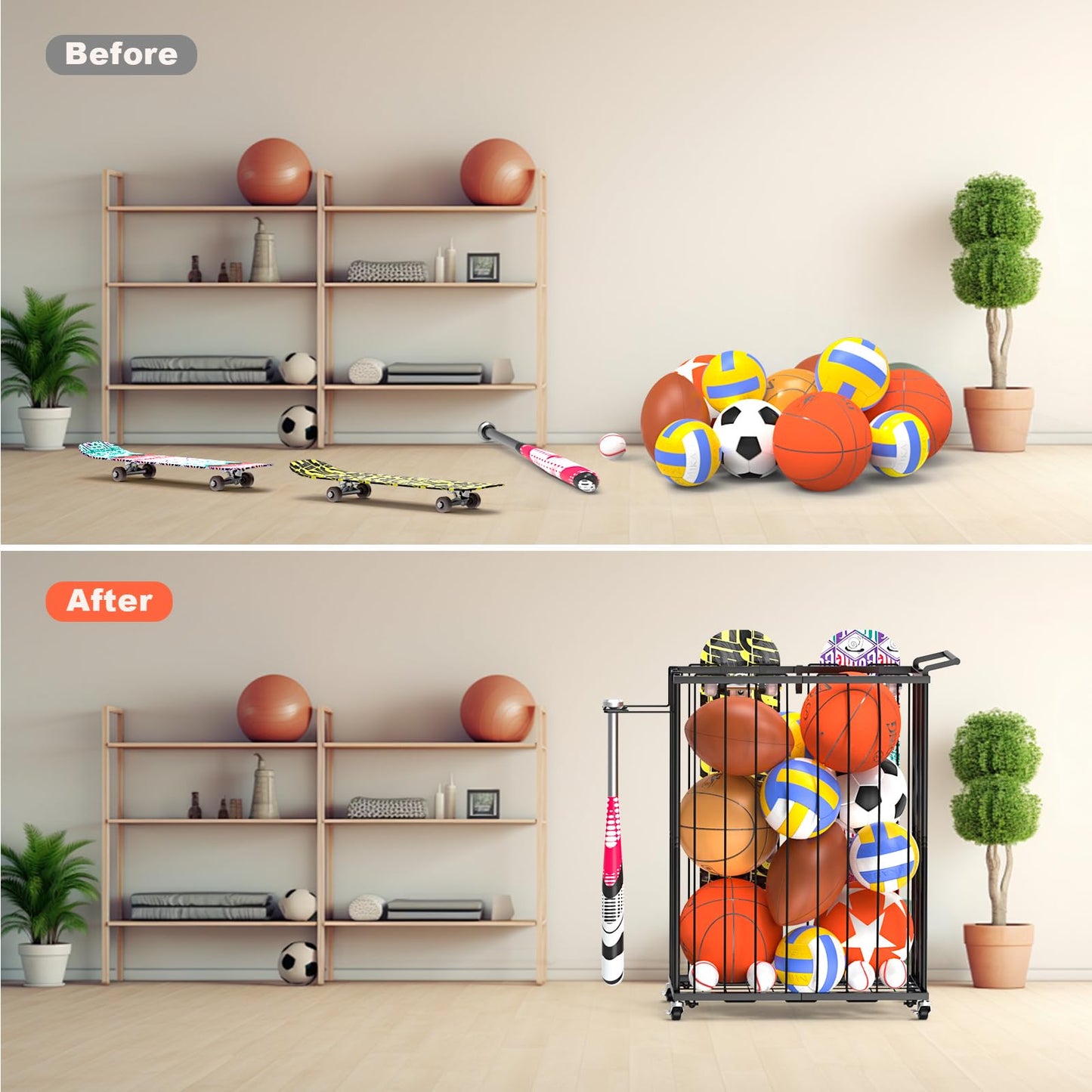 Multi-Functional Sports Storage Rack with Elastic Rope, Movable Racket Holders & Hooks - Heavy-Duty Organizer for Balls, Tennis/Badminton Rackets, Skateboard - Ideal for Garage, Home Gym & Playroom