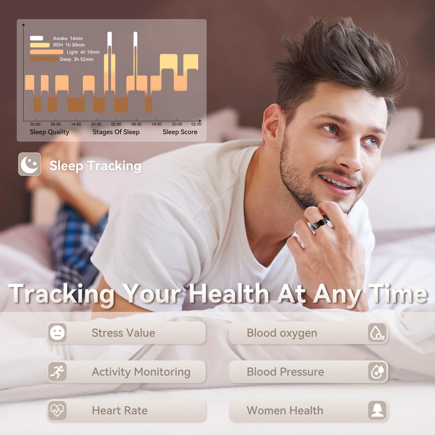 Smart Ring for Men, Fitness & Activity Tracker with Blood Pressure/Heart Rate Monitor, Sleep Tracker, Step Counter, IP68 Waterproof Ring for iOS & Android, Fast Charge, No Subscription (Black,Size9)