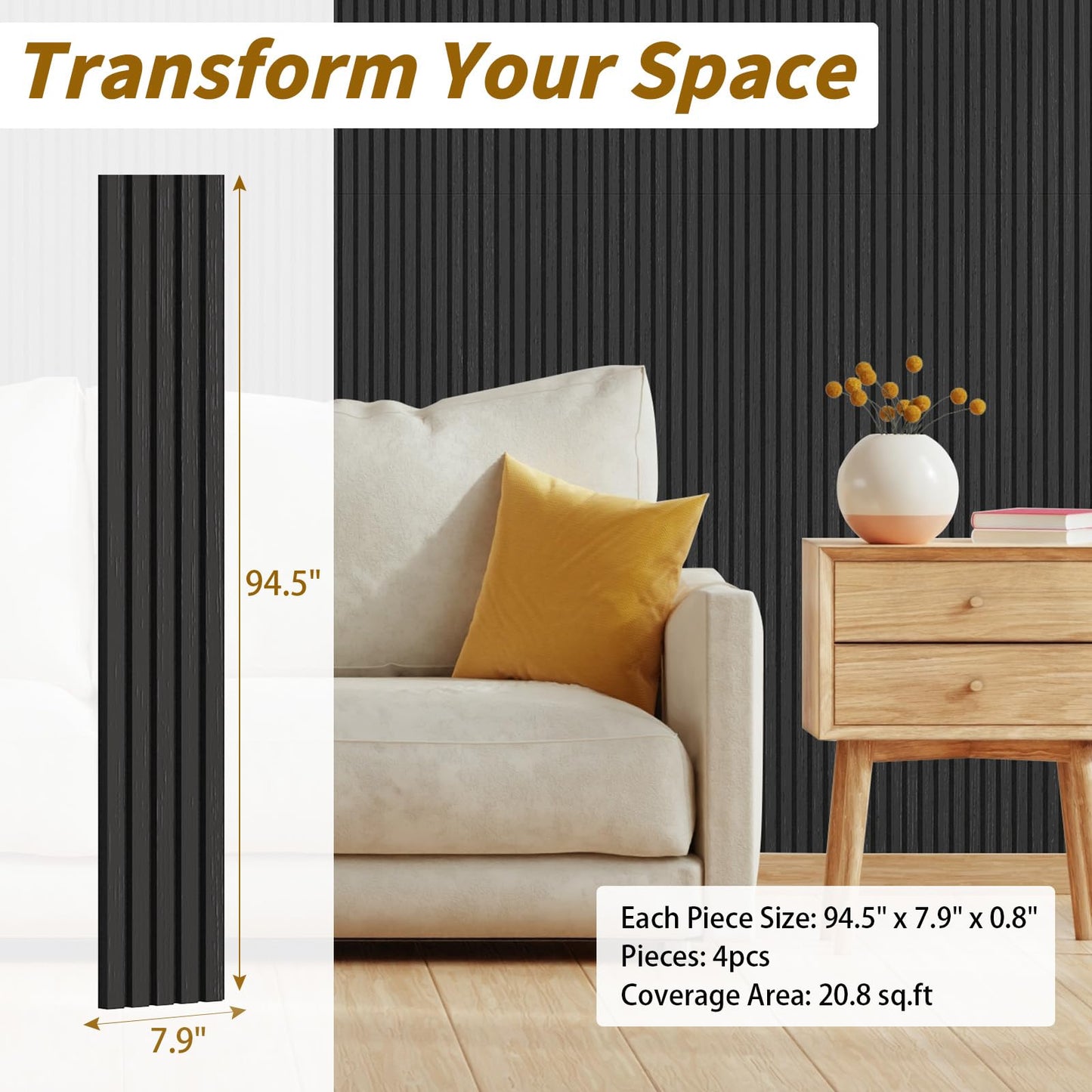 IMXPW 4-Piece Acoustic Wood Wall Panels, 3D Fluted Soundproof Wood Slat Wall Panels for Interior Wall Decor, 94.5" x 7.9"-Black