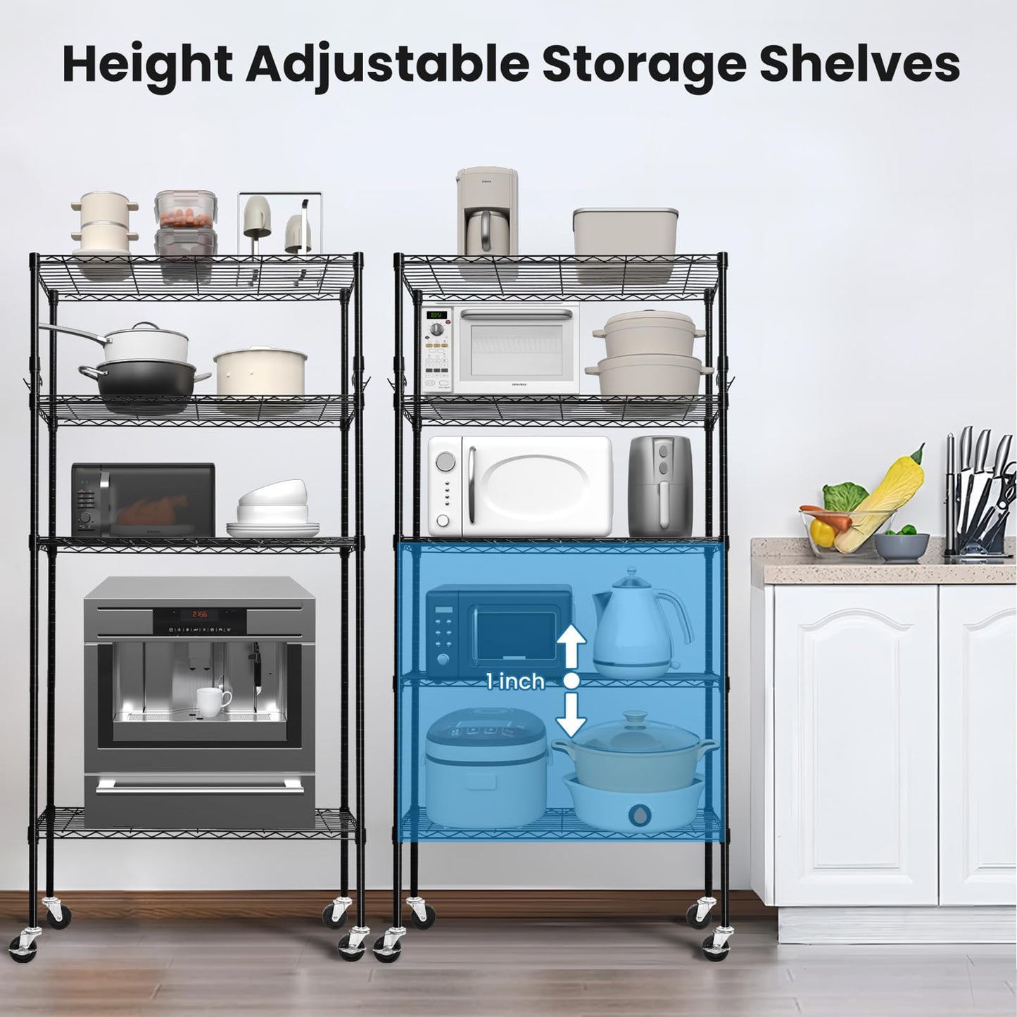 Storage Shelves 75"H Wire Shelving Unit with Wheels 1750LBS Heavy Duty Metal Shelves for Storage Adjustable 5-Tier Garage Storage Rack Kitchen Pantry Shelves Rolling Shelf on Casters, 14"D x36"W x75"H