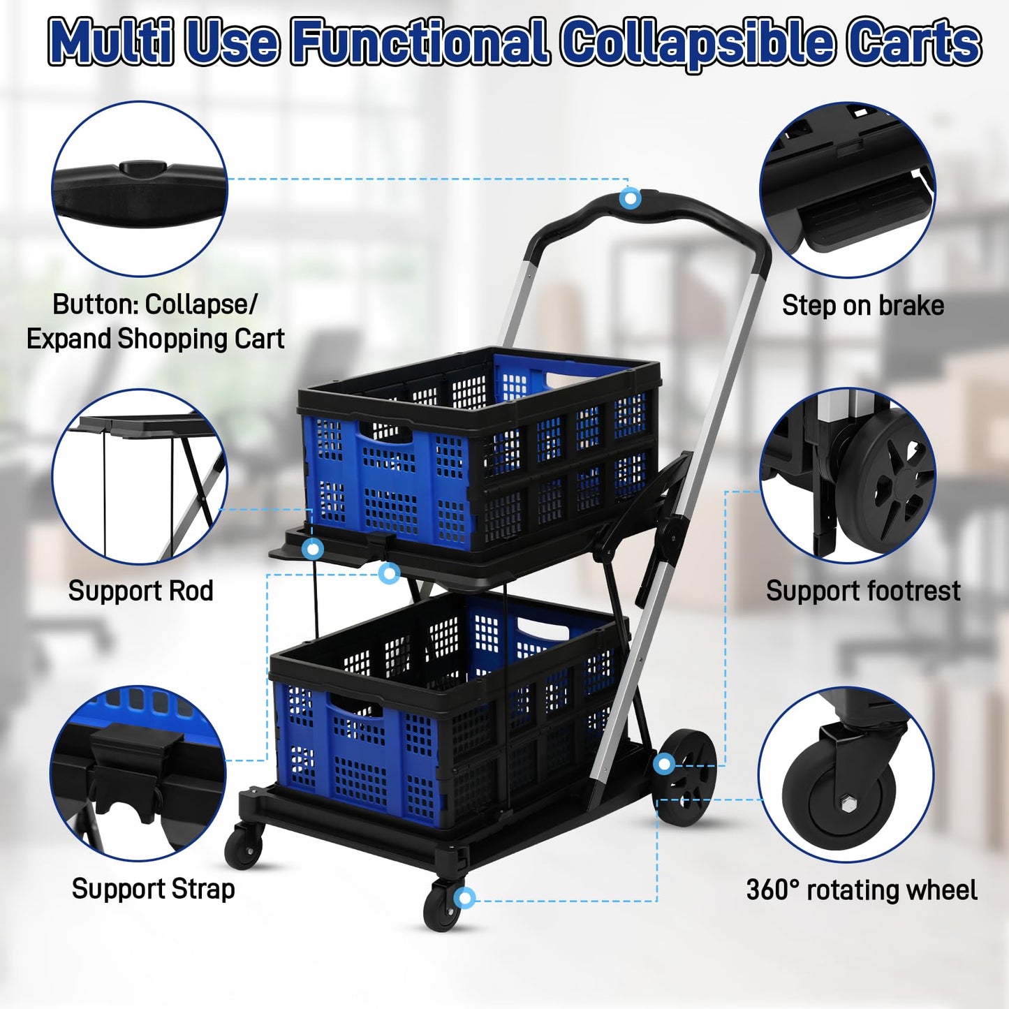 Collapsible Shopping Cart with 2 Bins Grocery Cart on Wheels Multi Use Two Tier Folding Cart for Farmers Market,Kitchen,Grocery Shop