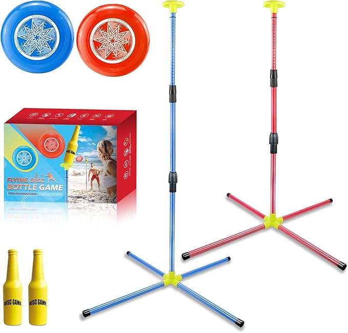 Eastgoing Outdoor Flying Disc Game Set, Bottle Game with Height Adjustment Button und Score Tracker, Outdoor Polish Horseshoes Game Set for Lawn, Backyard, Park, Camping，Beach Game