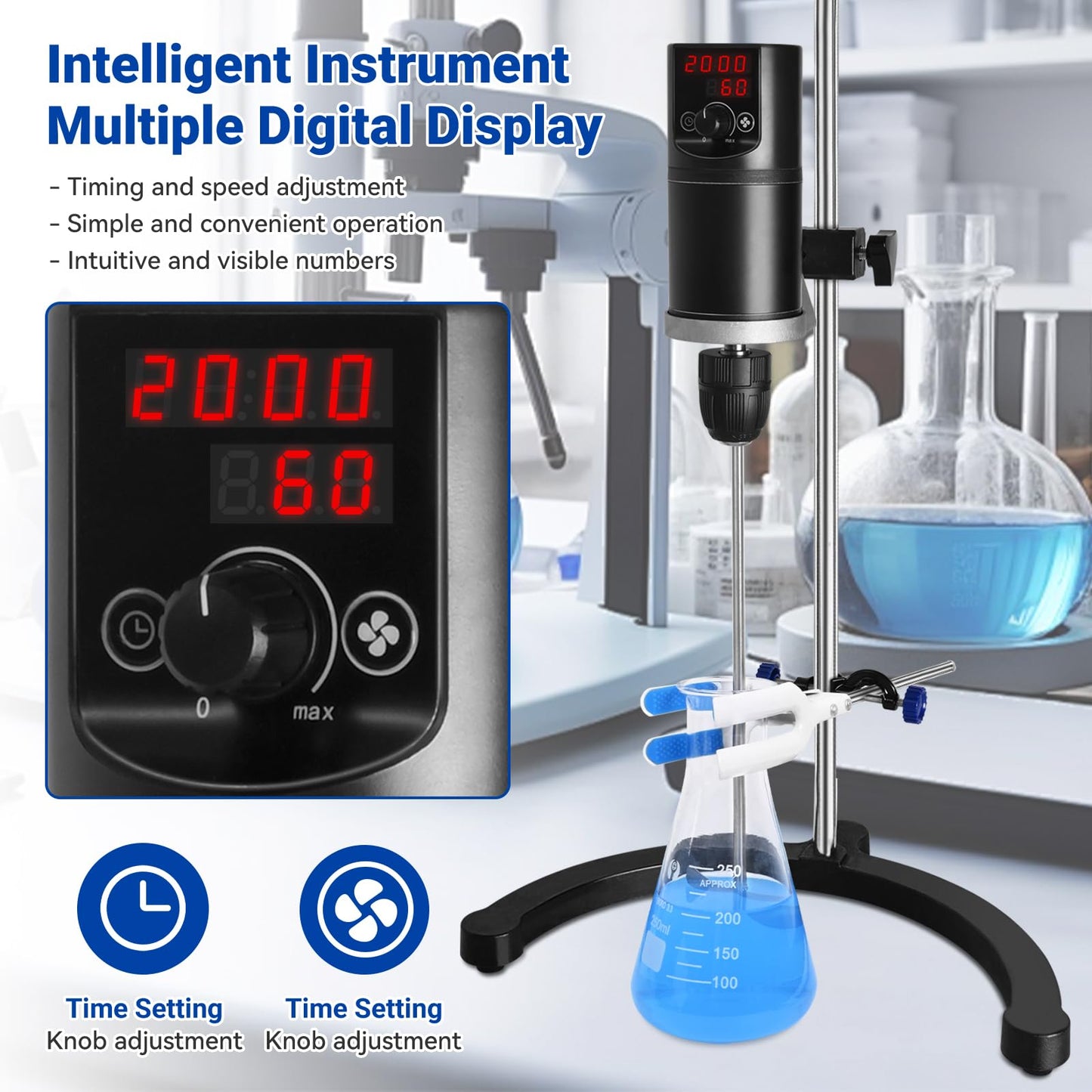 Vevitts Electric Overhead Stirrer LCD Digital Lab Mixer Time and Speed Adjustable Stirring Lab Mixer 100-2000RPM 20L Electric Overhead Mixer