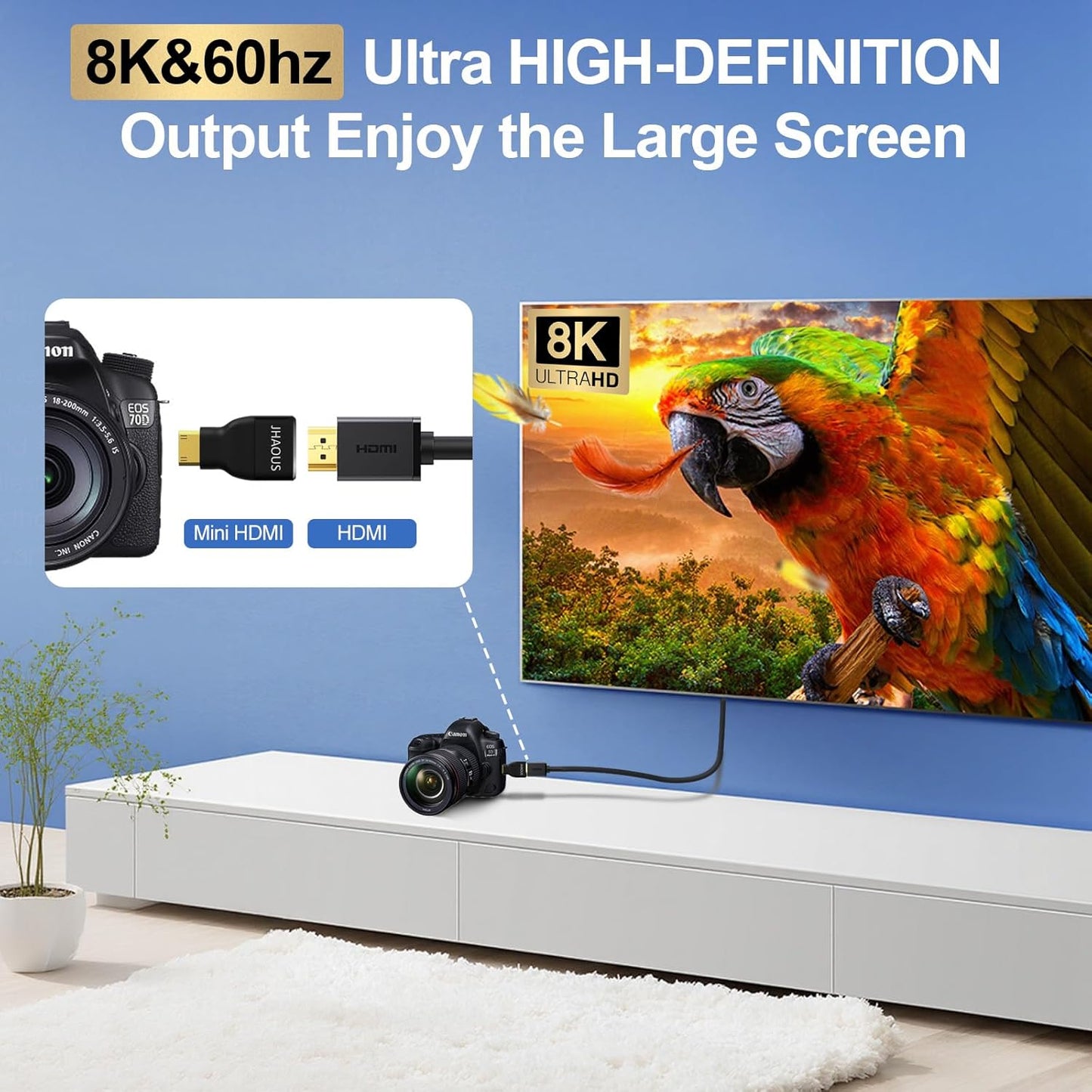 JHAOUS 8K@60Hz 4K@144Hz Mini HDMI to HDMI Adapter, Gold-Plated Converter, Female to Mini HDMI Male Adapter for DSLR