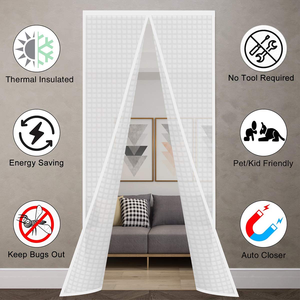 Insulated Door Curtain, Thermal Magnetic Self-Sealing Door Screen Winter Stop Draft Keep Cold Out Cover for Kitchen, Bedroom, Air Conditioner Room,Hands Free, Fits Doors up to 36" x 82", White