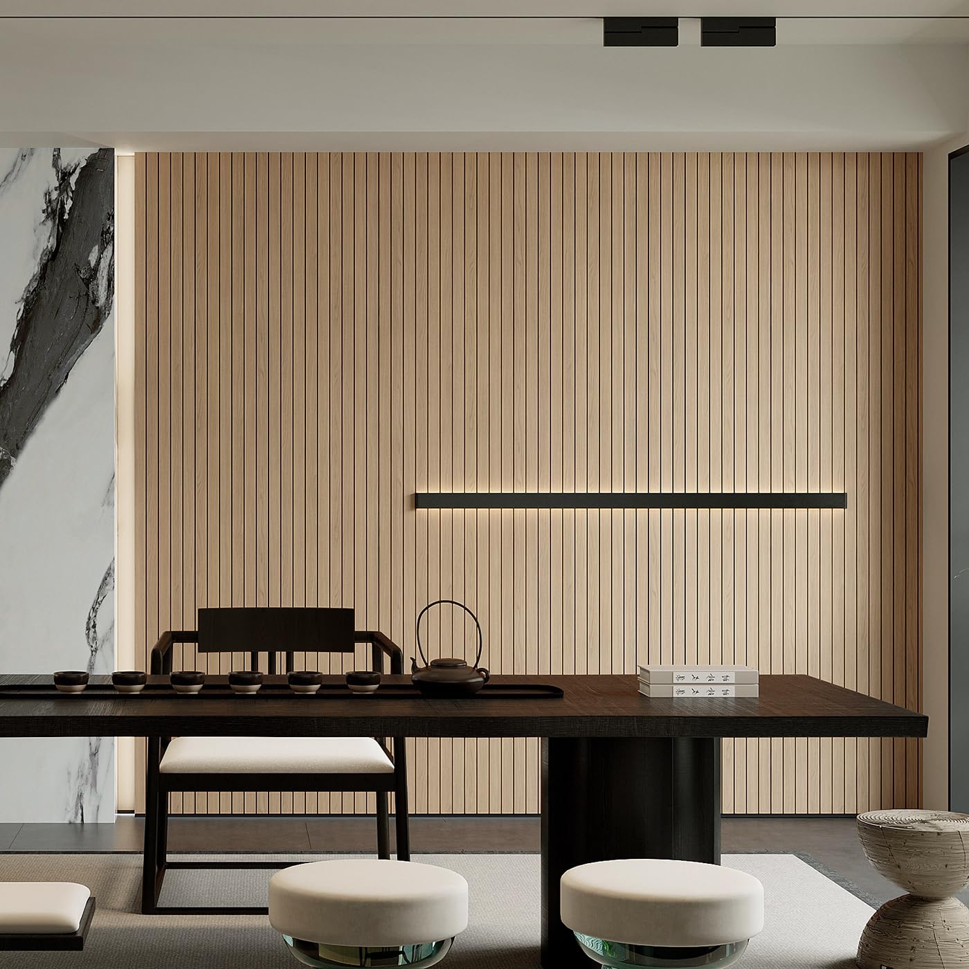 YU LI 3DH Peel and Stick PVC Slat Wall Panel 118"x15.75" Self-Adhesive Thick Faux Oak Wood Grain Wallpaper Panel 3D Soundproof Wall Panels for Walls & Ceilings