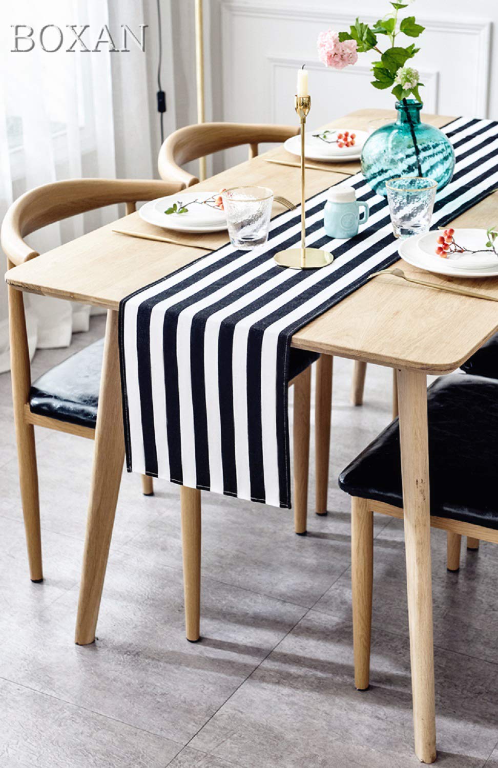 BOXAN Classic Black and White Striped Table Runner, Modern Stripes Pattern Elegant Cotton Canvas Table Top Decor for Art Deco Wedding, Bridal Shower, Bachelorette Party Decorations, 12" x 72"
