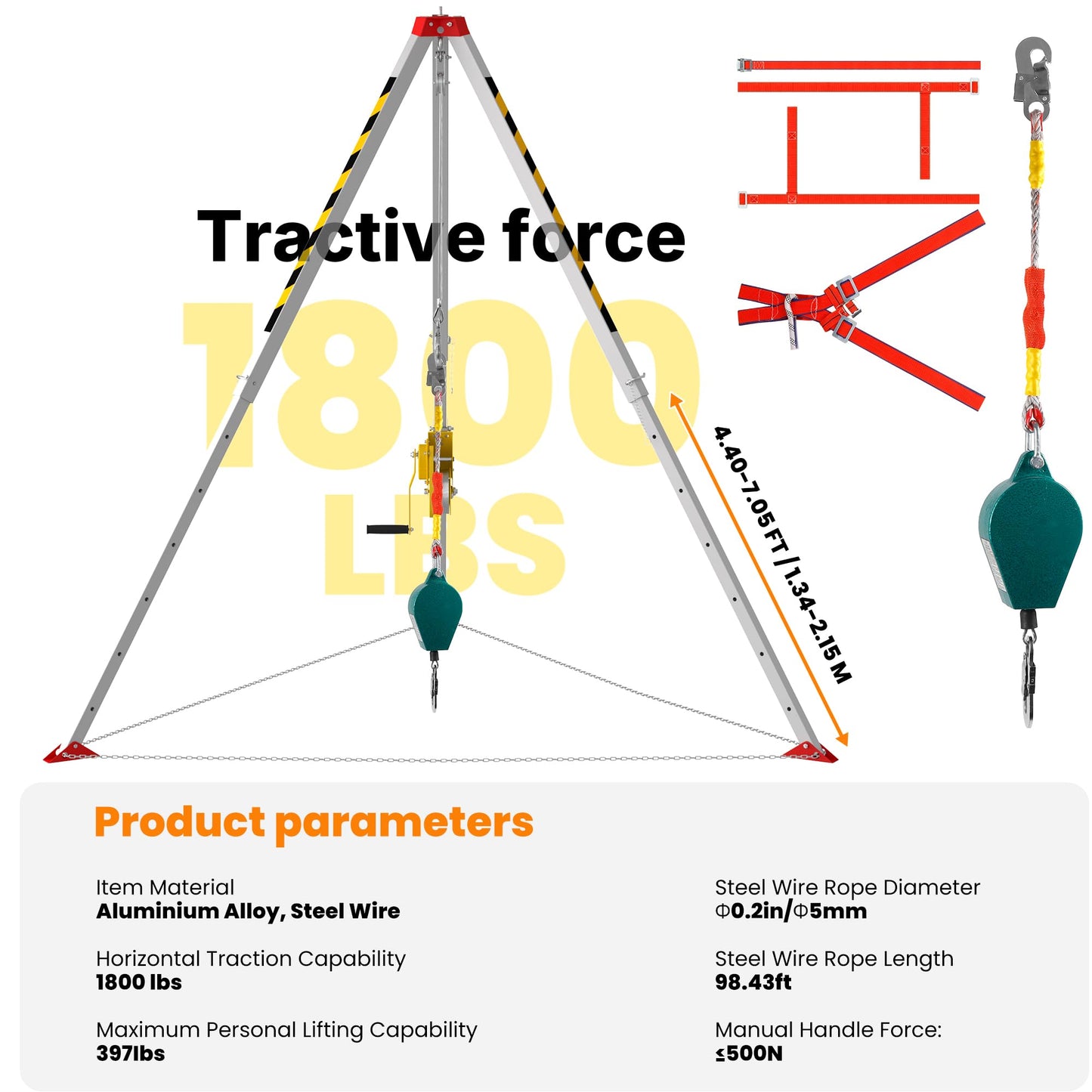 Confined Space Tripod Kit, Rescue Tripod Lifting Hoist Solution, 98ft Alloy Cable, 4.4-7.1ft Adjustable, 5.2-8ft Chain, for Demanding Sites