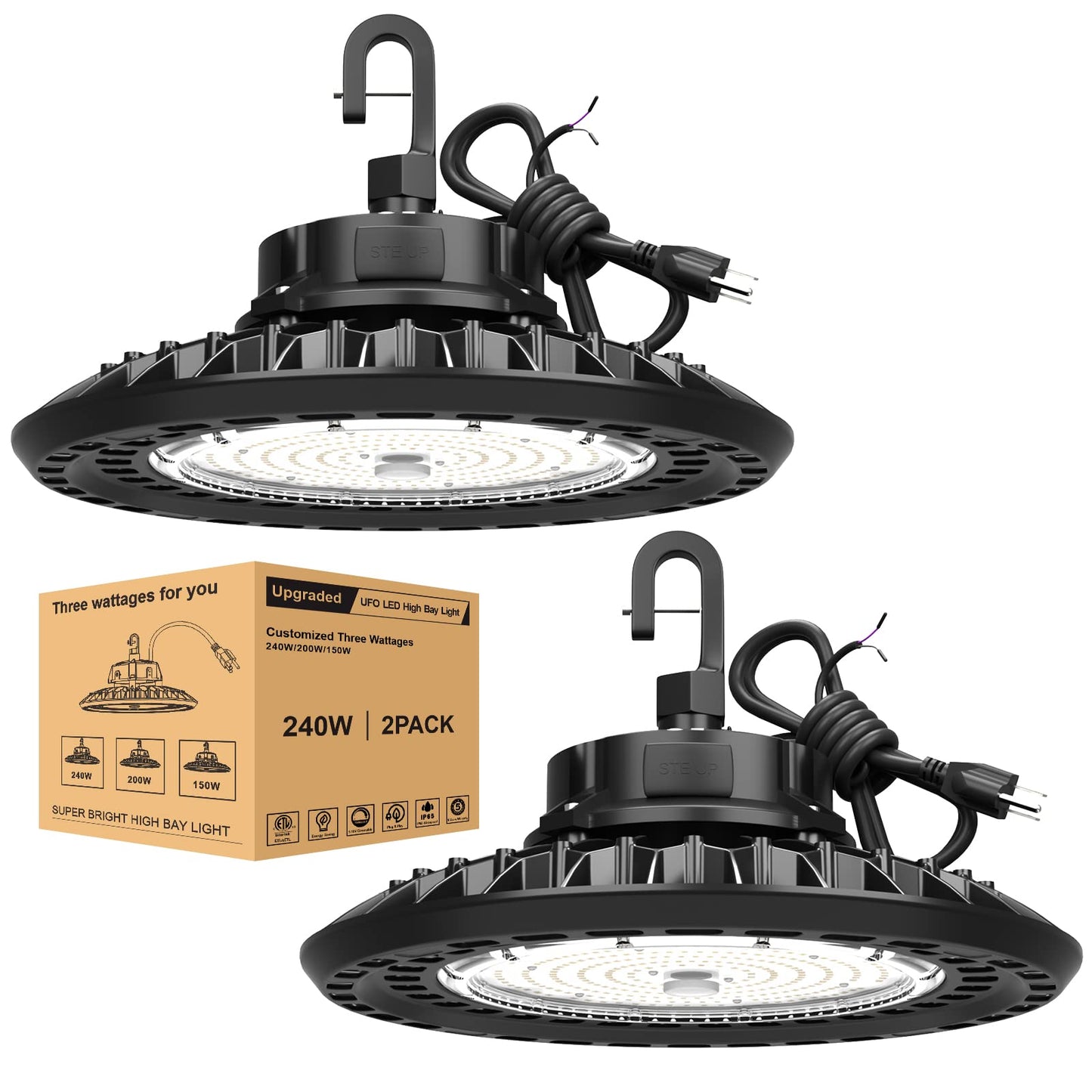 G GJIA UFO LED High Bay Lights 240W Flicker Free -36000LM Super Bright High Bay Shop Lights 5000K, 0-10V Dimmable, 6' Cable, 100-277V for Garage Barn Warehouse(2 Pack)