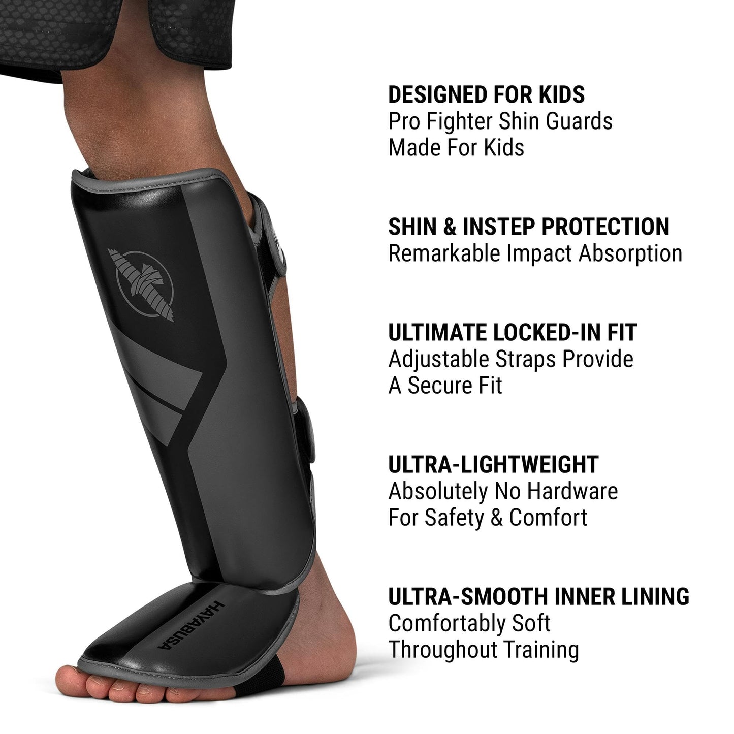 Hayabusa S4 Kids Shin Guards, Muay Thai, MMA, Kickboxing, Martial Arts - Black, Small/Medium