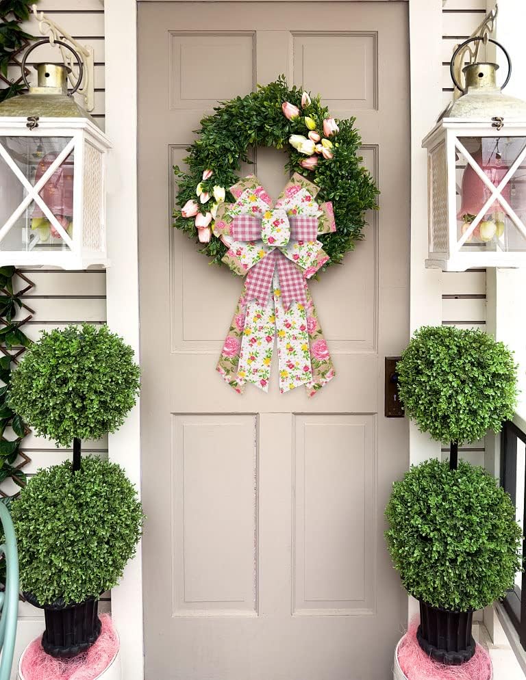 ALIBBON Large Spring Bows - Pink Buffalo Plaid Burlap Flower Bows for Wreaths & Crafts | Indoor/Outdoor Decor
