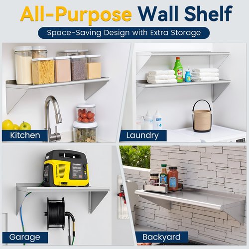Chingoo Stainless Steel Shelf 12" x 24", 250 lb Wall Mounted Commercial Stainless Steel Shelves Metal Shelving for Restaurant, Bar, Utility Room, Kitchen and Garage