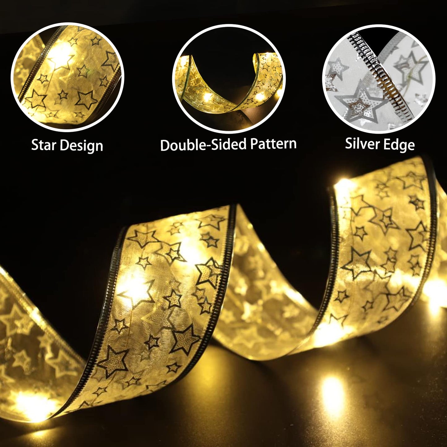 TURNMEON Christmas Ribbon Lights - 40 Ft, 120 LED, Timer & Remote Control, Warm Lights, Silver Ribbon, Model TAS-TO-7-W-US1