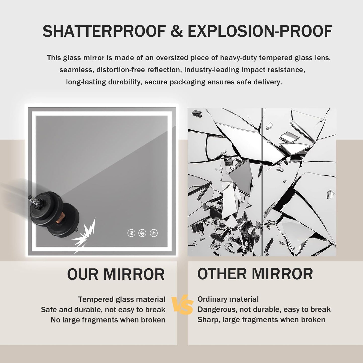 Koonmi Home Gym Mirror, 47"x47" Heavy Duty Large Seamless Tempered Glass Wall Mirrors with LED Lights for Gym, Workout, Yoga, Fitness, Dance Studio, Home, Exercise Room, Bathroom