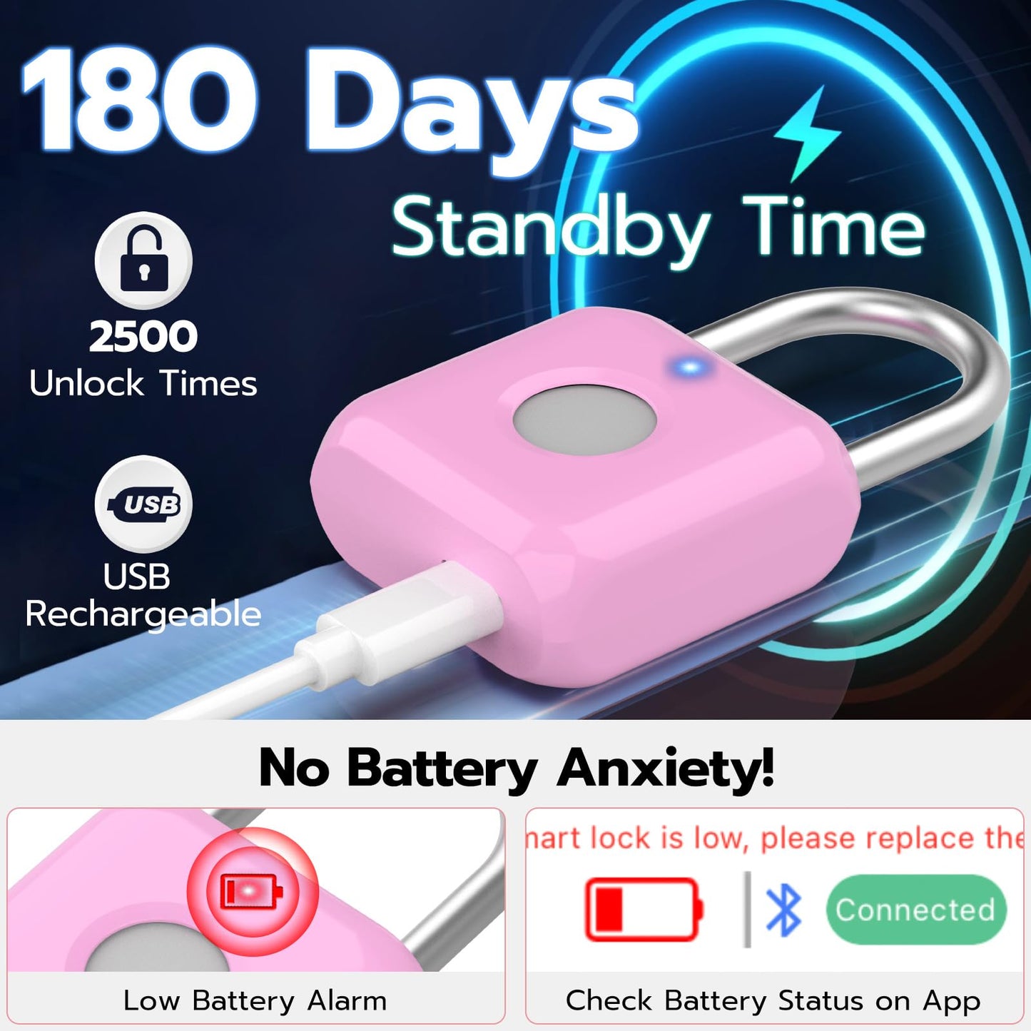 Fingerprint Padlock,Smart Padlock with APP Unlock,Fingerprint Locker Lock,USB Rechargeable for Gym Locker,Locker, School,Storage, Luggage