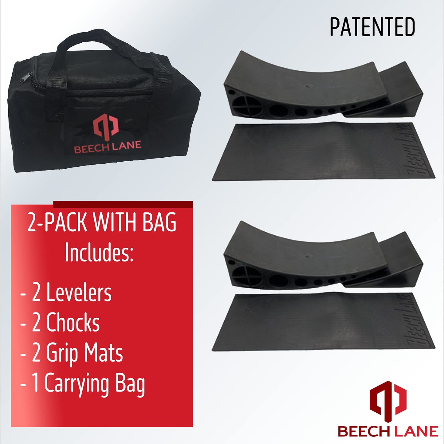 Beech Lane Camper Leveler 2 Pack with Carrying Bag - Precise Camper Leveling, Includes Two Curved Levelers, Two Chocks, Two Rubber Grip Mats, and A Carrying Bag, Patented