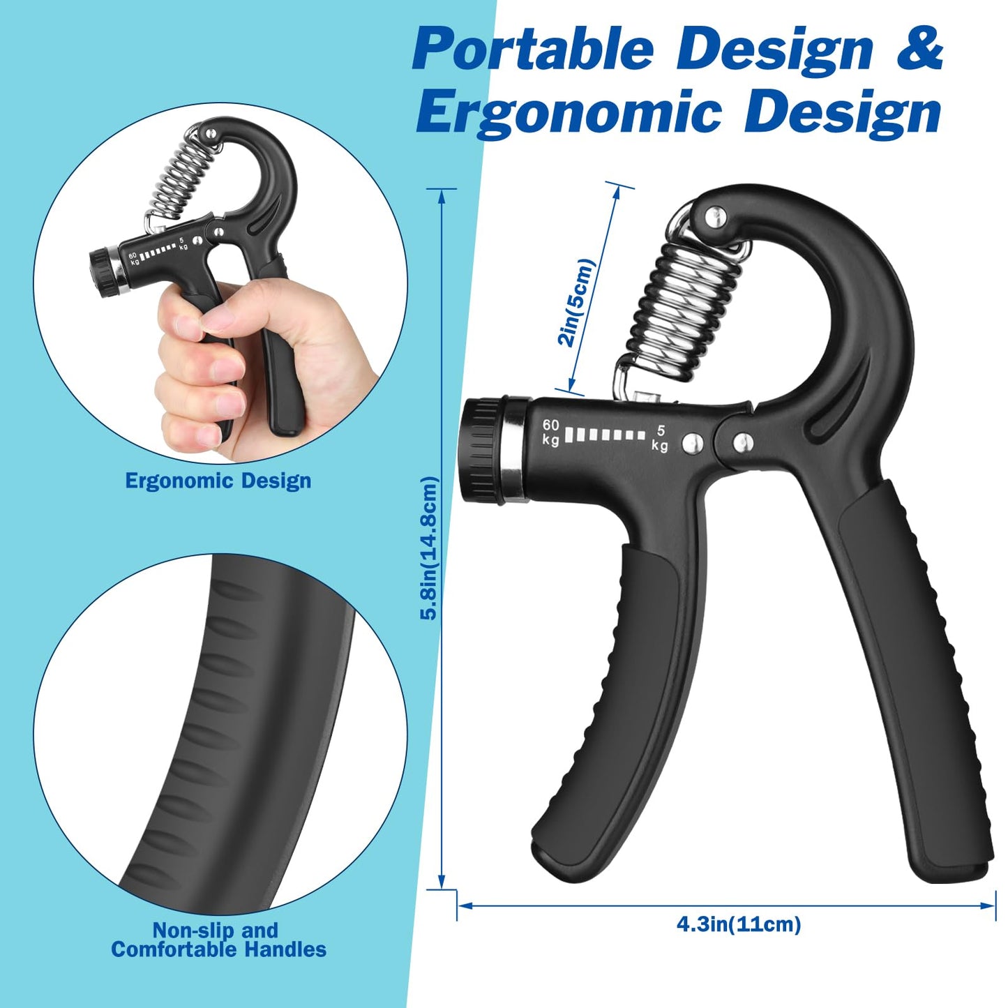 AIXPI Grip Strength Trainer, Hand Grip Exerciser Strengthener with Adjustable Resistance 11-132 Lbs (5-60kg), Forearm Strengthener, Hand Exerciser for Muscle Building and Injury Recover Black 1 Pack