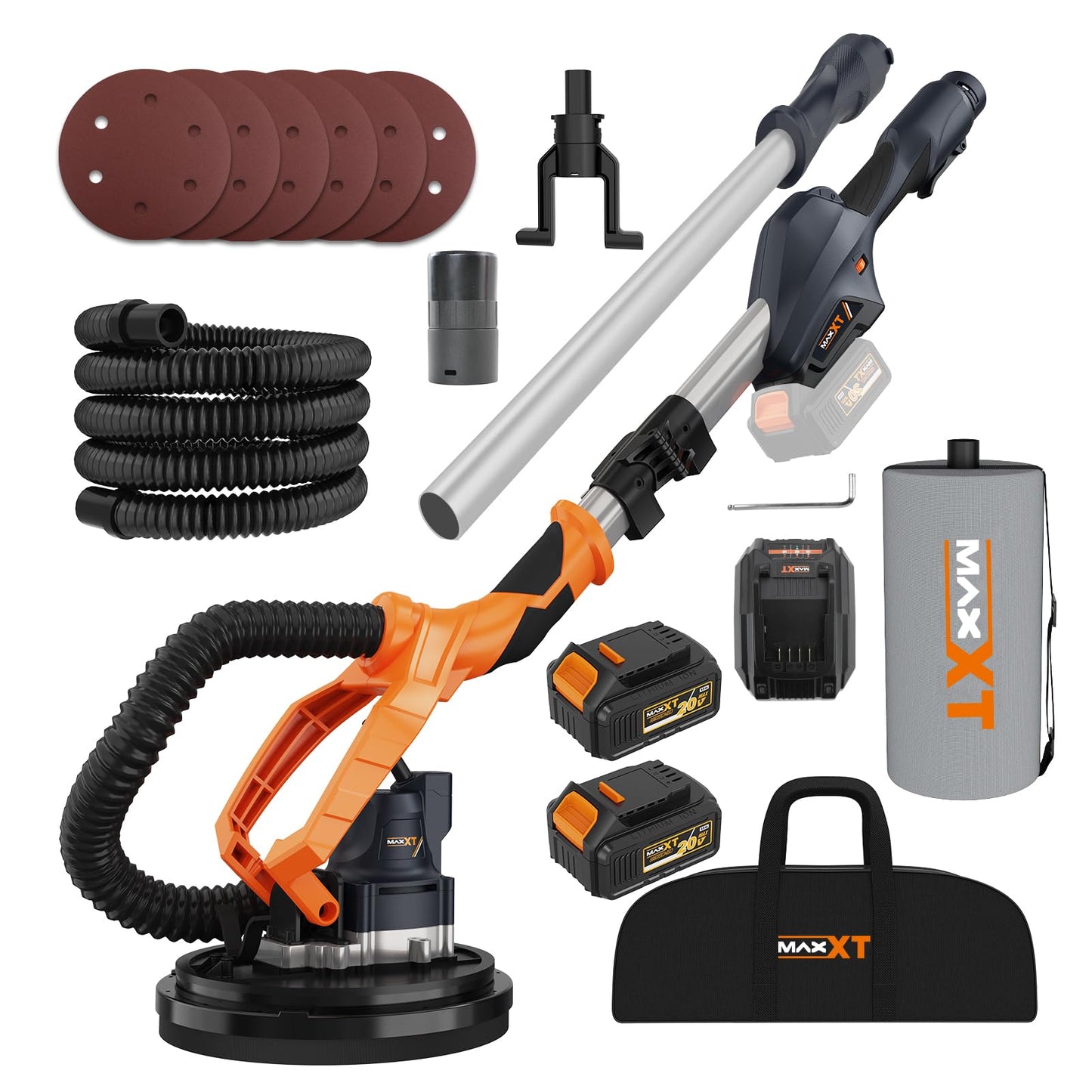 MAXXT Cordlees Drywall Sander with Vacuum Dust Collection, Brushless Electric Wall Sander with 7 Variable Speed Foldable Telescopic, Popcorn Ceiling Removal Tool, 2 Pack 4.0 Ah Battery and Charger